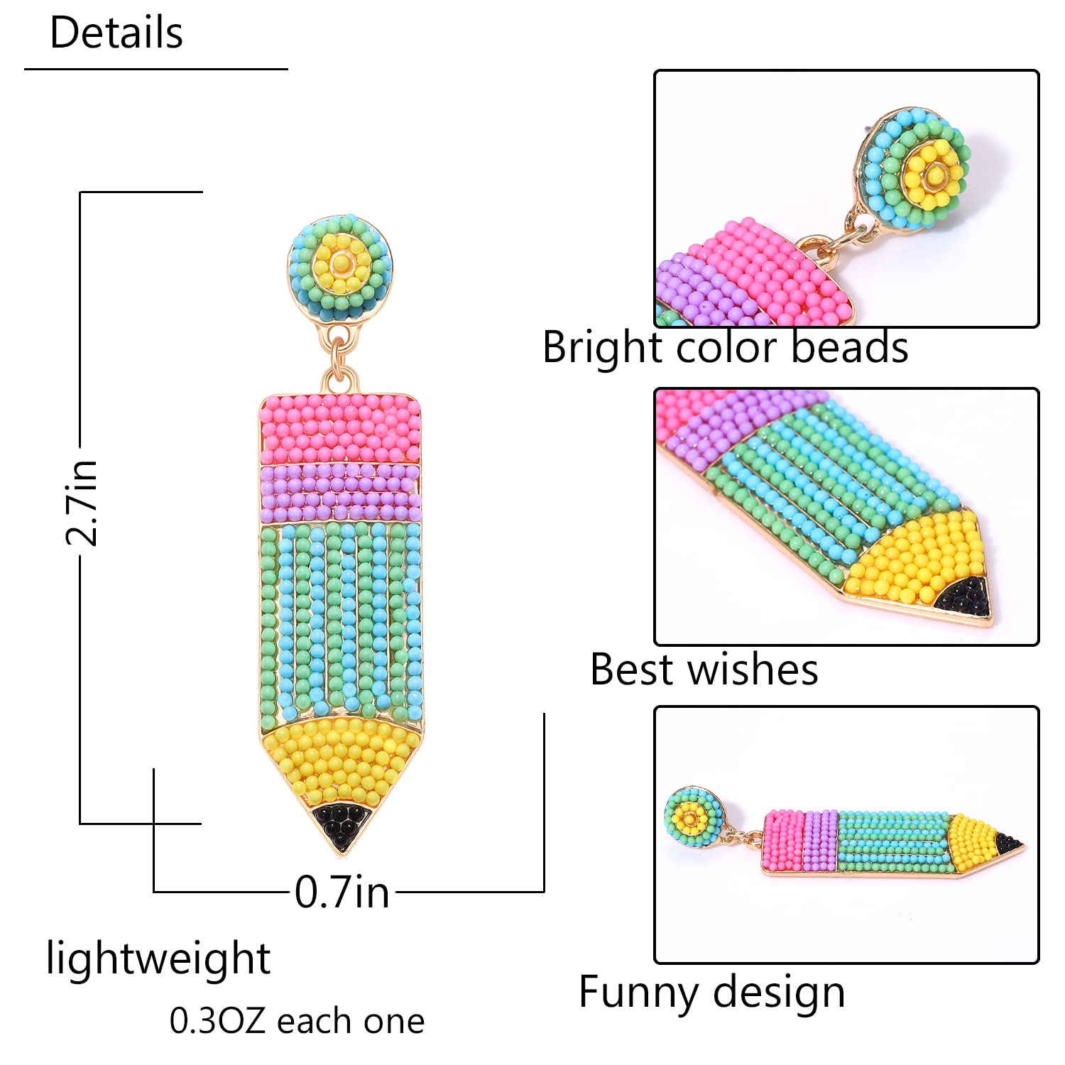 Handmade Beaded Pencil & Apple Dangle Earrings for Teachers - Hypoallergenic Funny Jewelry Gift | Teacher Appreciation, Back to School Decor, Women's Fashion Accessories | Perfect for Classroom, Graduation & Teacher's Day Celebrations