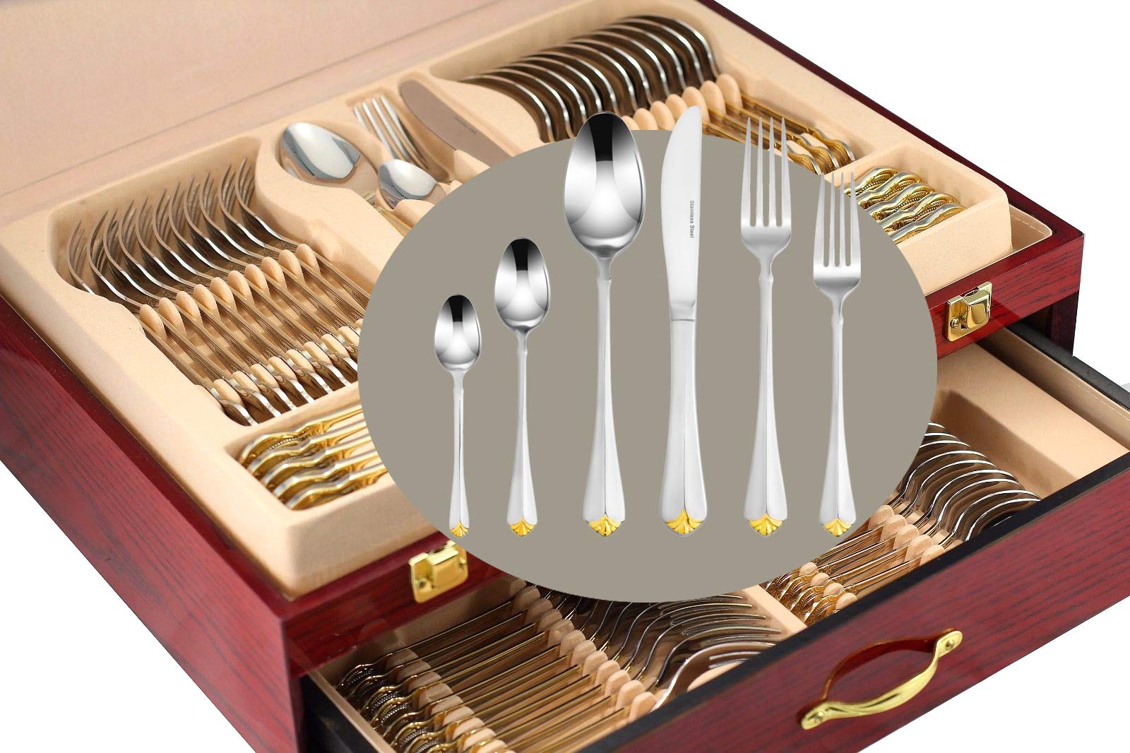 Venezia Collection 75-Piece Gold Flatware Set for 12 - 24Kt Gold Plated 18/10 Surgical Stainless Steel Luxury Silverware Cutlery with Wooden Storage Chest - Perfect for Fine Dining, Weddings & Hostess Gifts