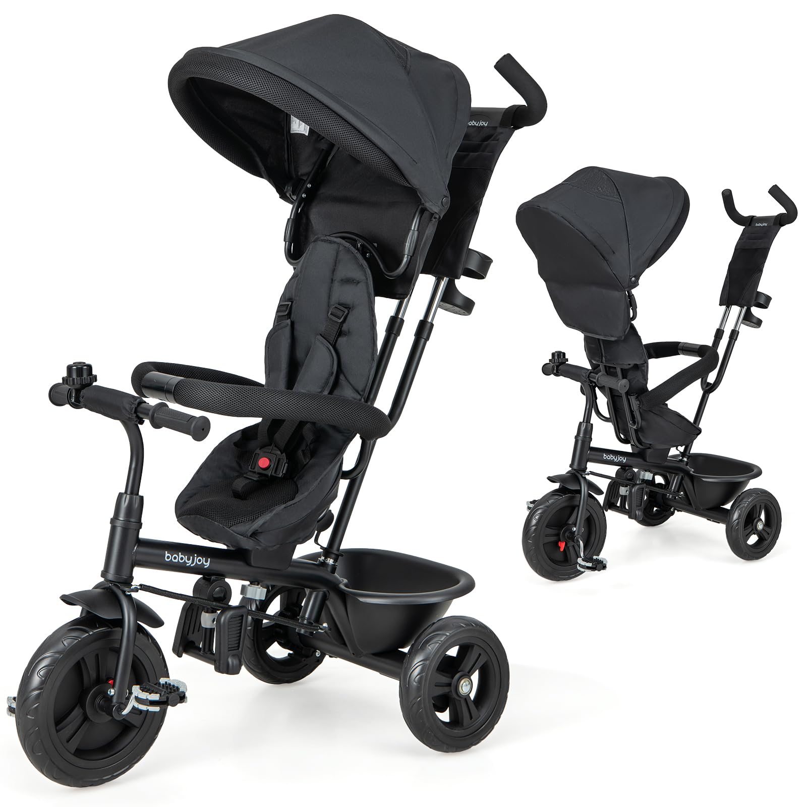 BABY JOY 4-in-1 Adjustable Toddler Tricycle with Removable Canopy, Safety Belt & Storage Basket - Convertible Push Bike for Boys & Girls Ages 9-60 Months (Black) - Perfect for Outdoor Play, Park Rides & Learning Balance Skills