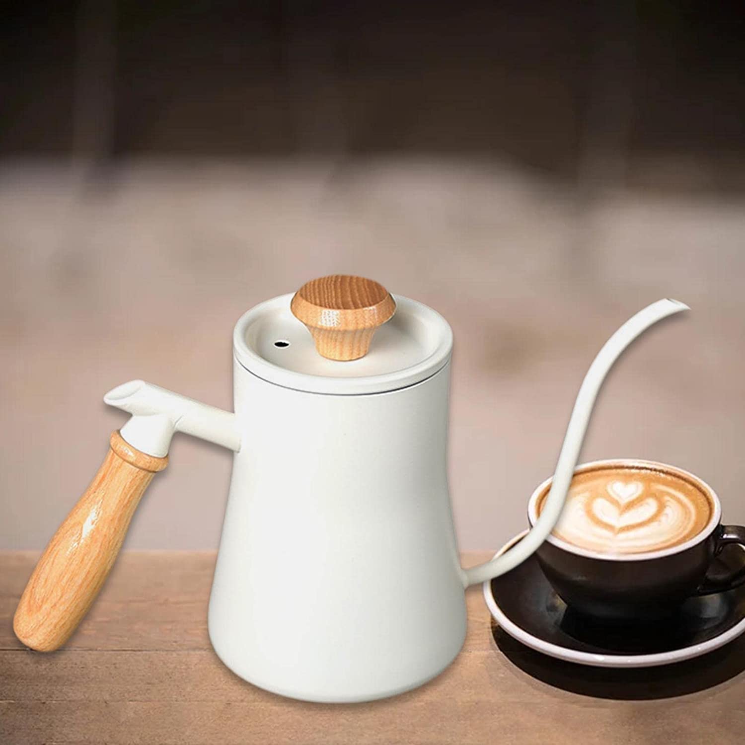 Premium Stainless Steel Gooseneck Tea Kettle with Wooden Handle - Long Spout Drip Kettle for Espresso, Moka & Pour Over Coffee - Perfect for Office, Home & Stovetop Use (White)