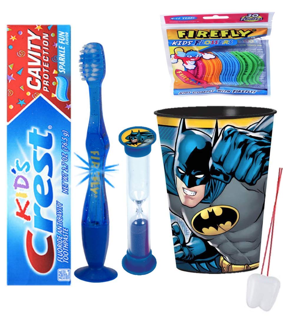 Batman Themed 4-Piece Oral Care Kit with LED Toothbrush, Toothpaste, Timer & Mouthwash Cup - Includes Flossers & Tooth Necklace for Kids' Dental Hygiene - Perfect for Superhero Bathroom Decor & Children's Brushing Motivation