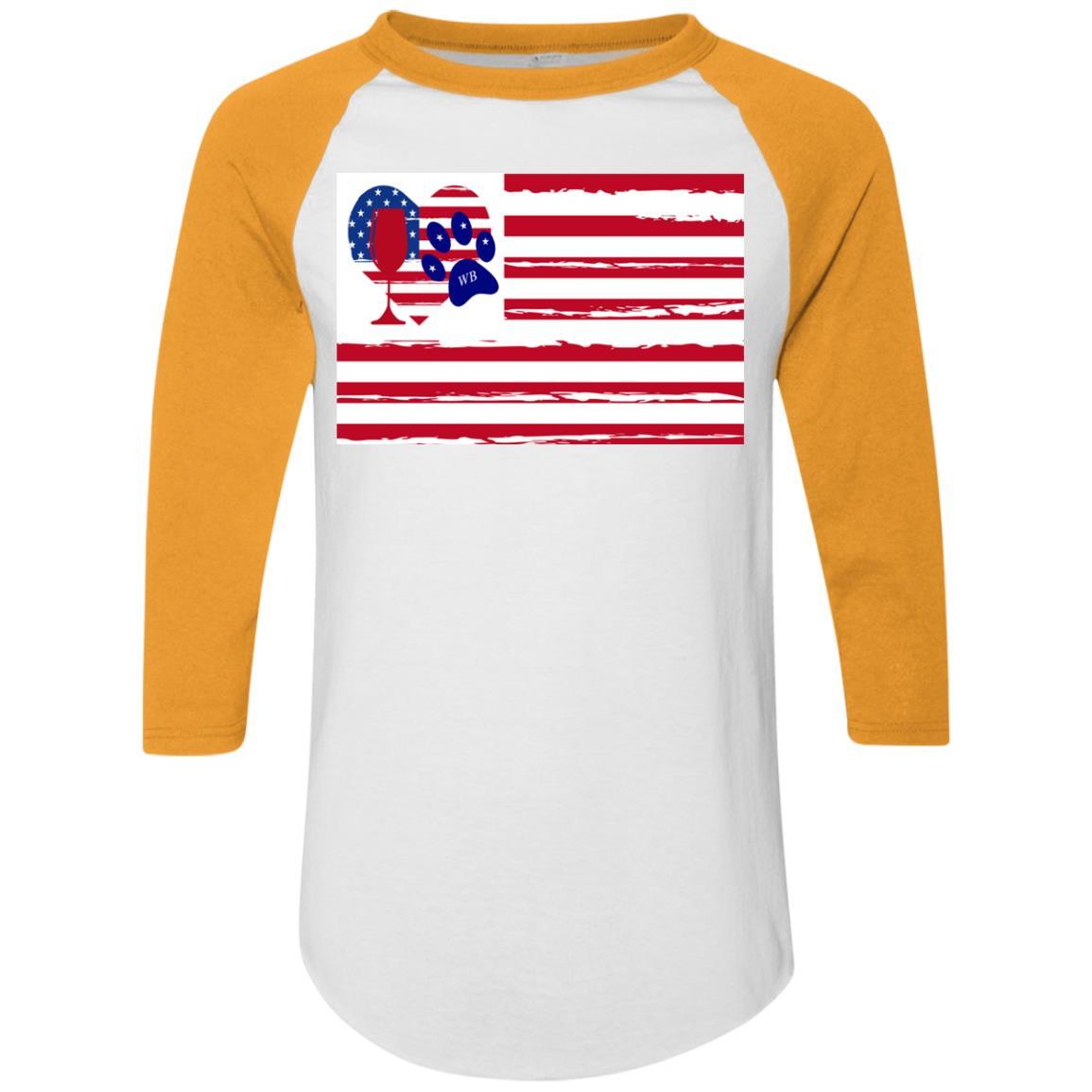 American Flag Wine Paw Heart Colorblock Raglan Jersey - Patriotic Comfort Wear for Casual Outings & Wine Tasting Events