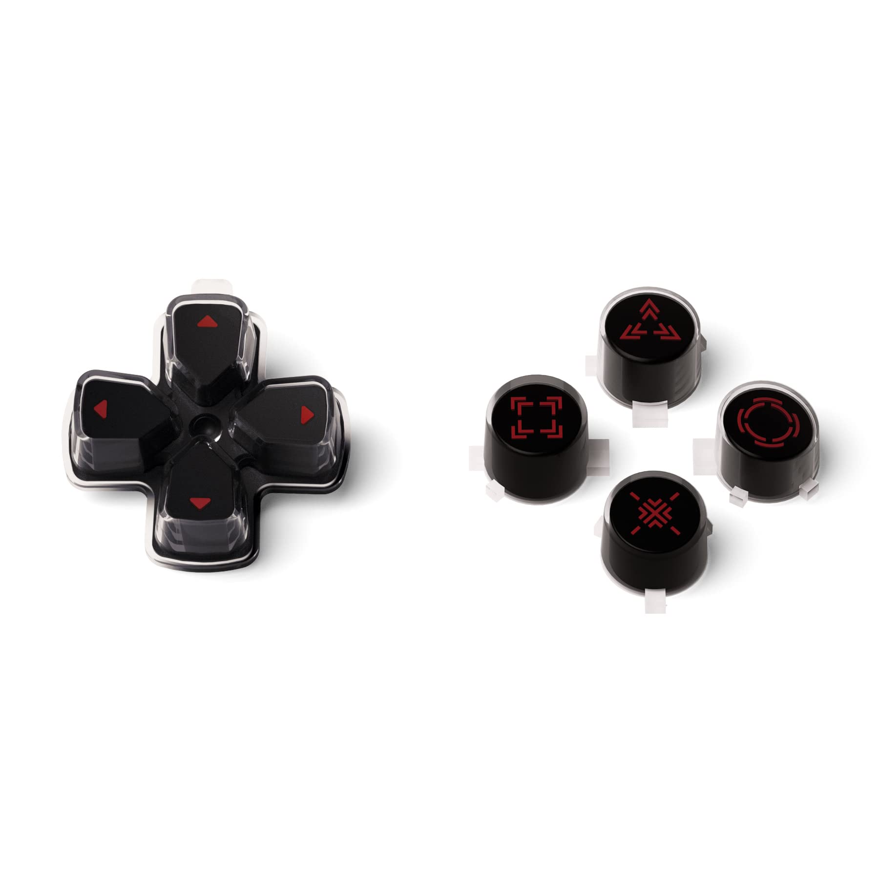 eXtremeRate Custom D-Pad & Action Buttons for PS5 Controller - Black, Clear & Carmine Red Three-Tone Design with Redesigned Symbols | Enhanced Gaming Performance for FPS, Fighting & Action Games