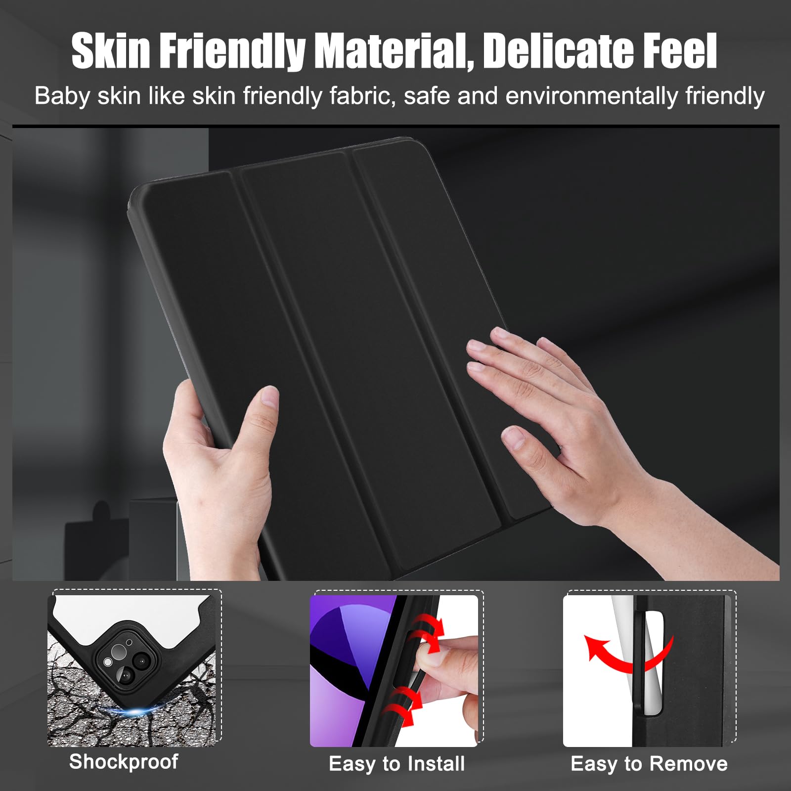 Premium PU Leather iPad Pro 11 Case & iPad Air 10.9 Case - Detachable Baby Skin-IKE Touch Cover with Apple Pencil Holder | Slim Protective Shell for Work, School & Travel (Black)