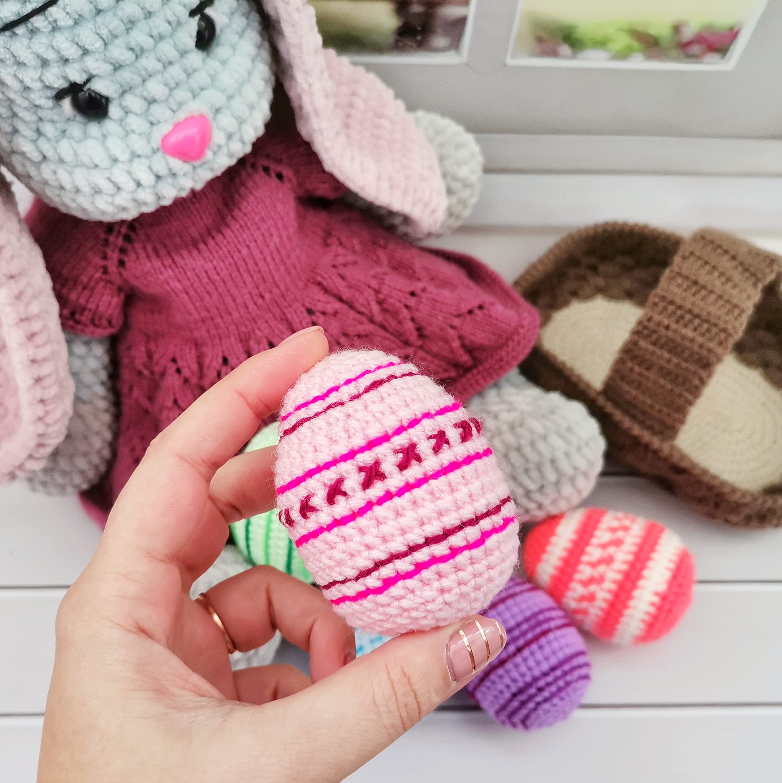 Adorable Pink Ears Bunny Plush Toy & Giant Gray Hare Stuffed Animal - Handmade Crochet Easter Bunny with Basket for Kids, Easter Decorations, Nursery Room Decor, Gift for Baby Shower & Easter Egg Hunt
