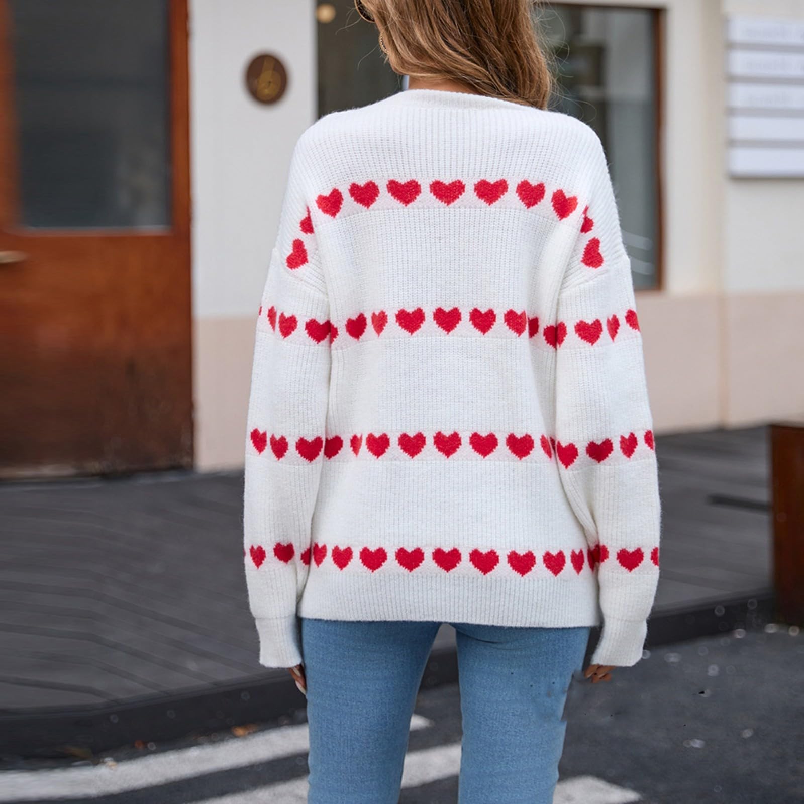 KIKX0DE Women's Valentine's Day Sweater - Cute Heart Print Long Sleeve Crewneck Knit Pullover for Casual Wear | Perfect for Date Nights, Gift Giving & Winter Fashion