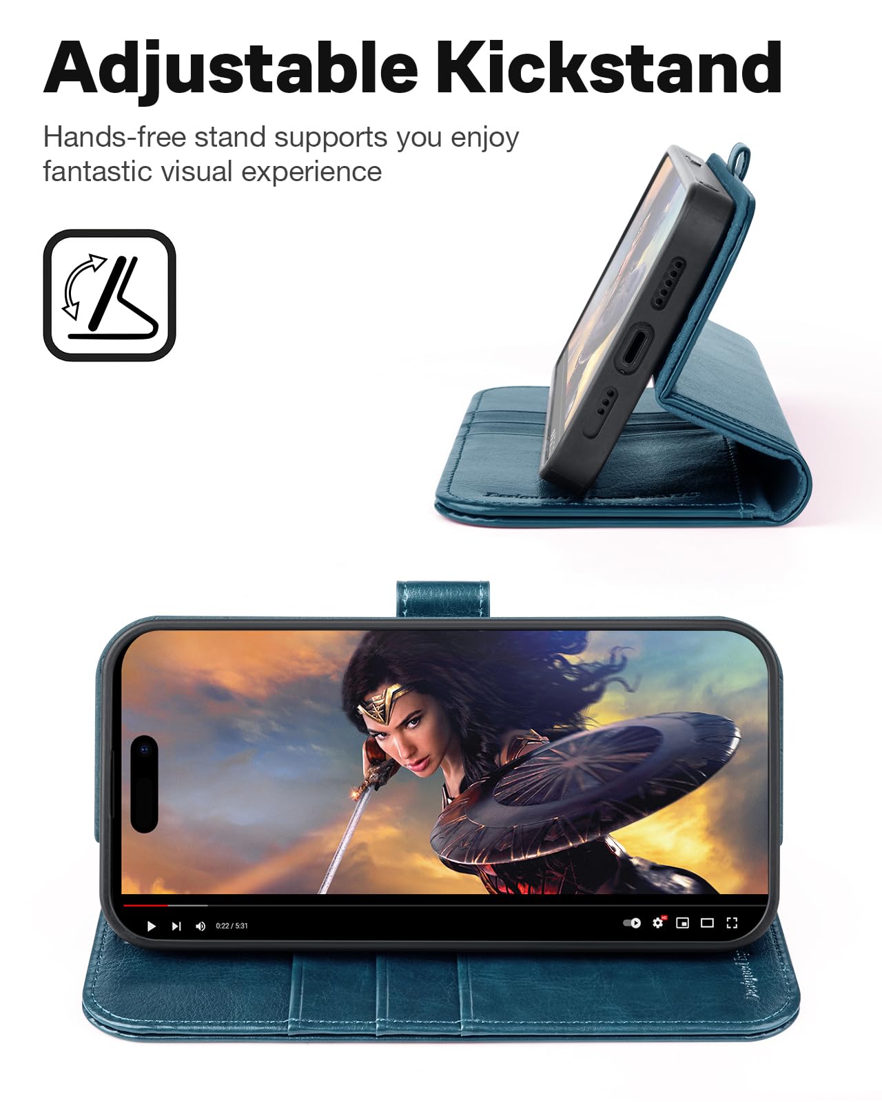 iPhone 15 Pro Wallet Case with Card Holder & RFID Blocking - Detachable Magnetic Stand Cover for Work & Travel