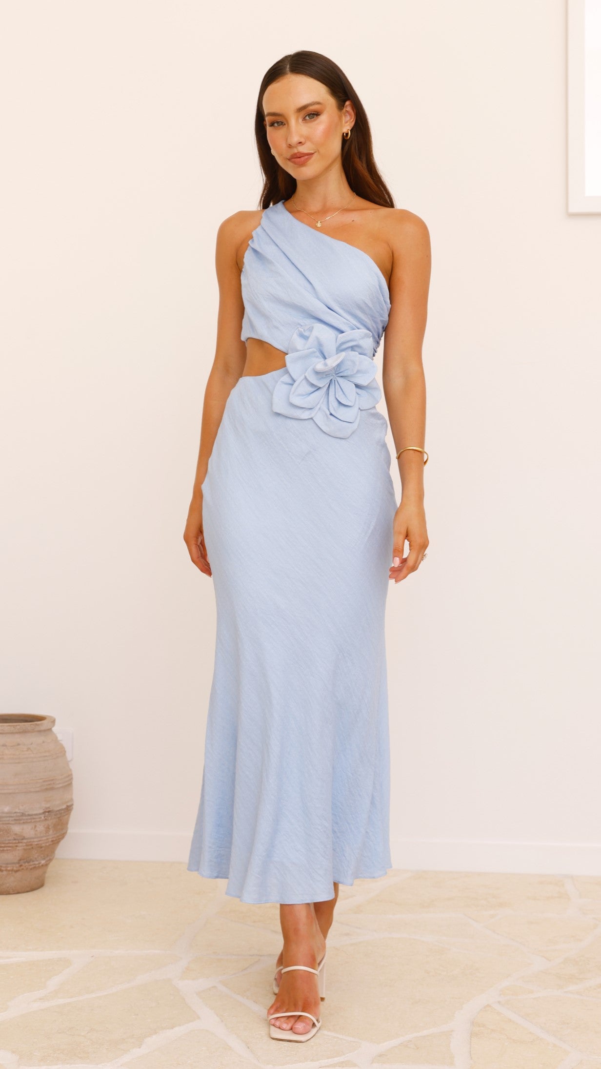 Bloom One Shoulder Cut Out Maxi Dress in Blue | Elegant Summer Beach Wedding Party Gown | Perfect for Vacations, Date Nights & Special Occasions