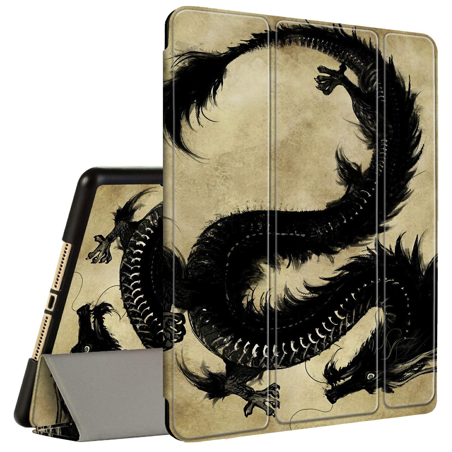 Amook Tri-fold Smart Cover Stand TPU Case with Pencil Holder for iPad Air 3 (2019) & iPad Pro 10.5 (2017) | Auto Sleep/Wake | Dragon Design | Perfect for Work, Travel & Home Use