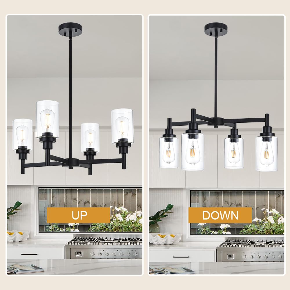 VINLUZ 4-Light Black Farmhouse Chandelier with Clear Glass Cylinder Pendant - Rustic Kitchen Lighting Fixture for Dining Room, Bedroom, Living Room & Entryway | Perfect for Farmhouse, Industrial & Modern Home Decor