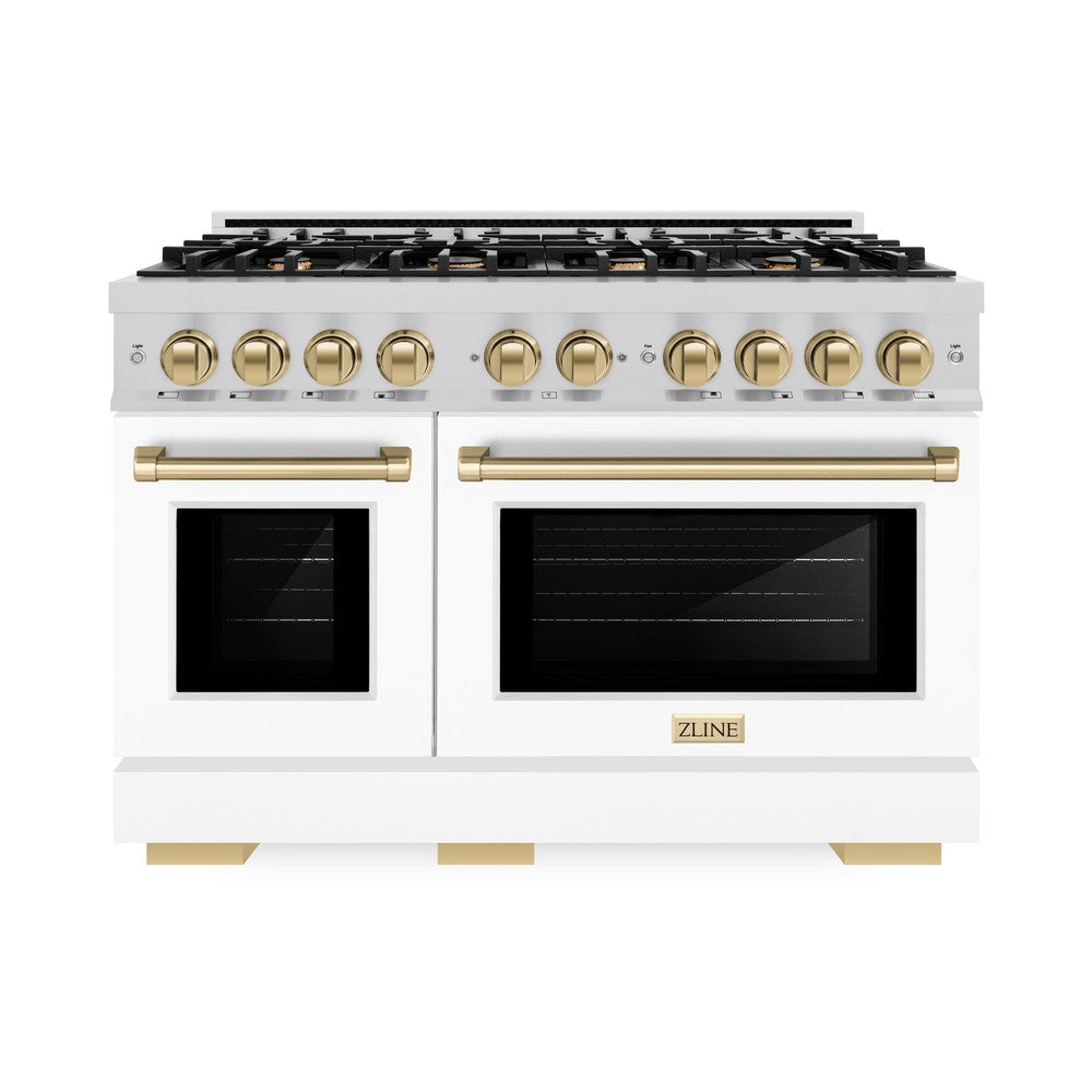 ZLINE Autograph Edition 48-Inch 6.7 cu. ft. Select Double Oven Gas Range with 8 Burner Cooktop - Stainless Steel with White Matte Doors & Champagne Bronze Accents (HGRZ WM 48 CB) - Perfect for Large Kitchens & Professional Cooking