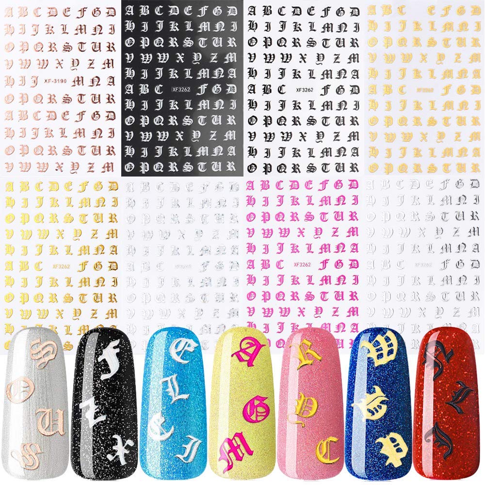 Holographic Letter Nail Art Stickers - 8 Colors Old English Alphabet Nail Decals, Ultra Thin Adhesive Nail Stickers for DIY Nail Design - Perfect for Parties, Weddings, and Special Occasions