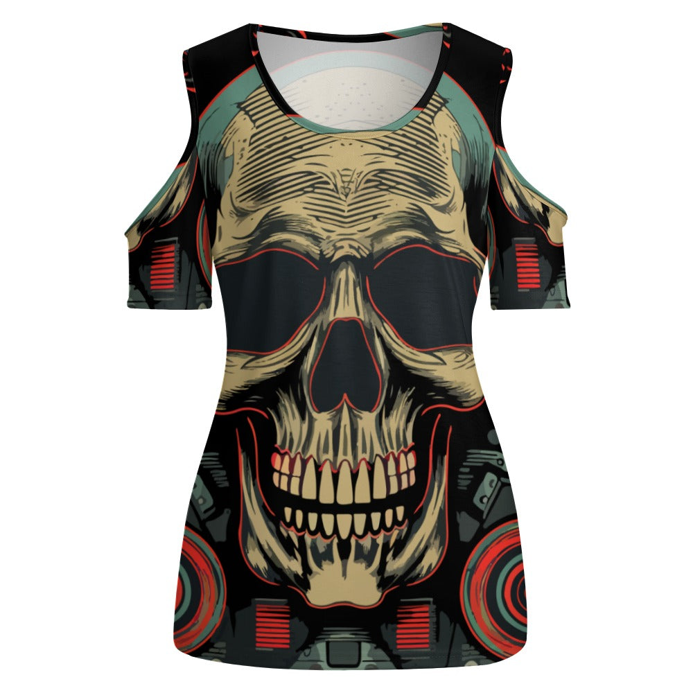 Edgy Skull Print Off-The-Shoulder U-Neck Short Sleeve T-Shirt - Perfect for Concerts, Parties & Gothic Fashion