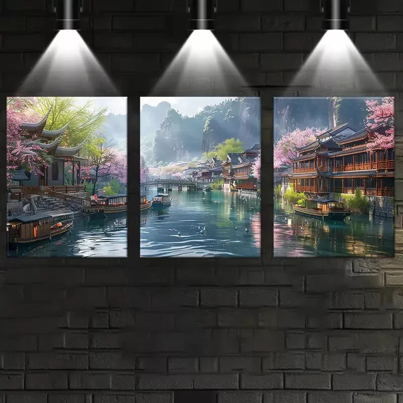 3-Piece Serene Japanese Town with Blooming Florals Canvas Art Set - 50x70cm Framed Wall Decor | High Quality Print | 100% Australian Made | Ready to Hang | Perfect for Living Room, Bedroom & Office Decor