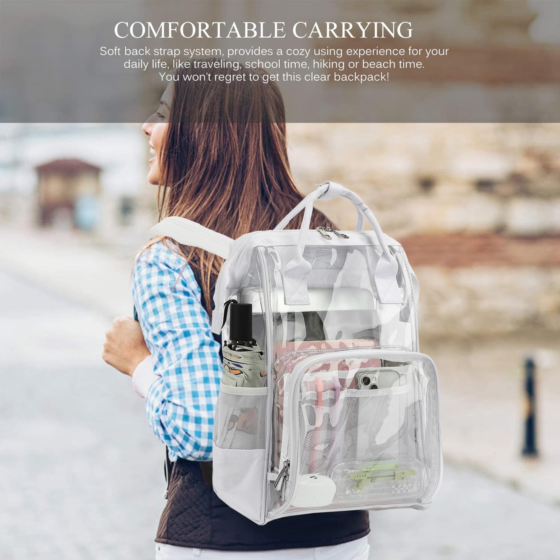 Heavy Duty Clear Backpack for Men & Women - PVC Transparent School Backpack for Boys & Girls (White) | Perfect for School, Travel, Work & Security Checkpoints