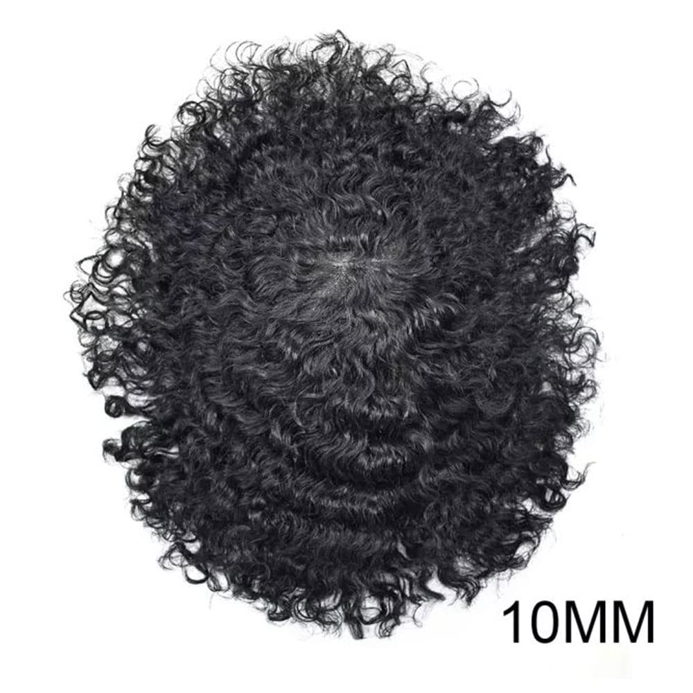 **Afro Toupee for Black Men - Human Hair System with Kinky Curly Wavy Texture | Bleached Knots & Natural Hairline | Breathable Weave (8