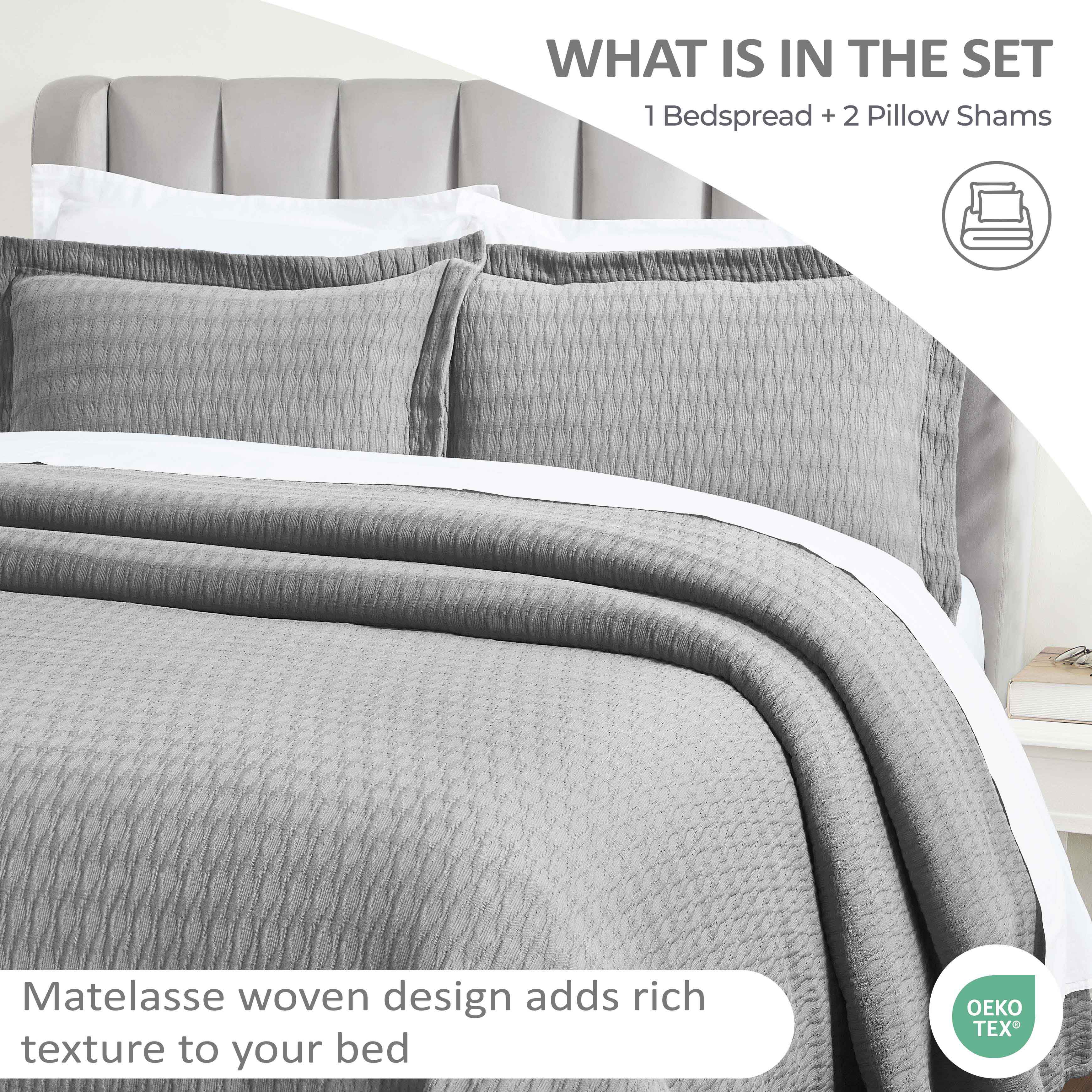 Calvert Cotton Medium Weight Geometric Matelasse Bedspread Set - Queen Size Luxury Bedding for Modern Bedrooms | Perfect for Master Bedroom, Guest Room & Dorm Decor