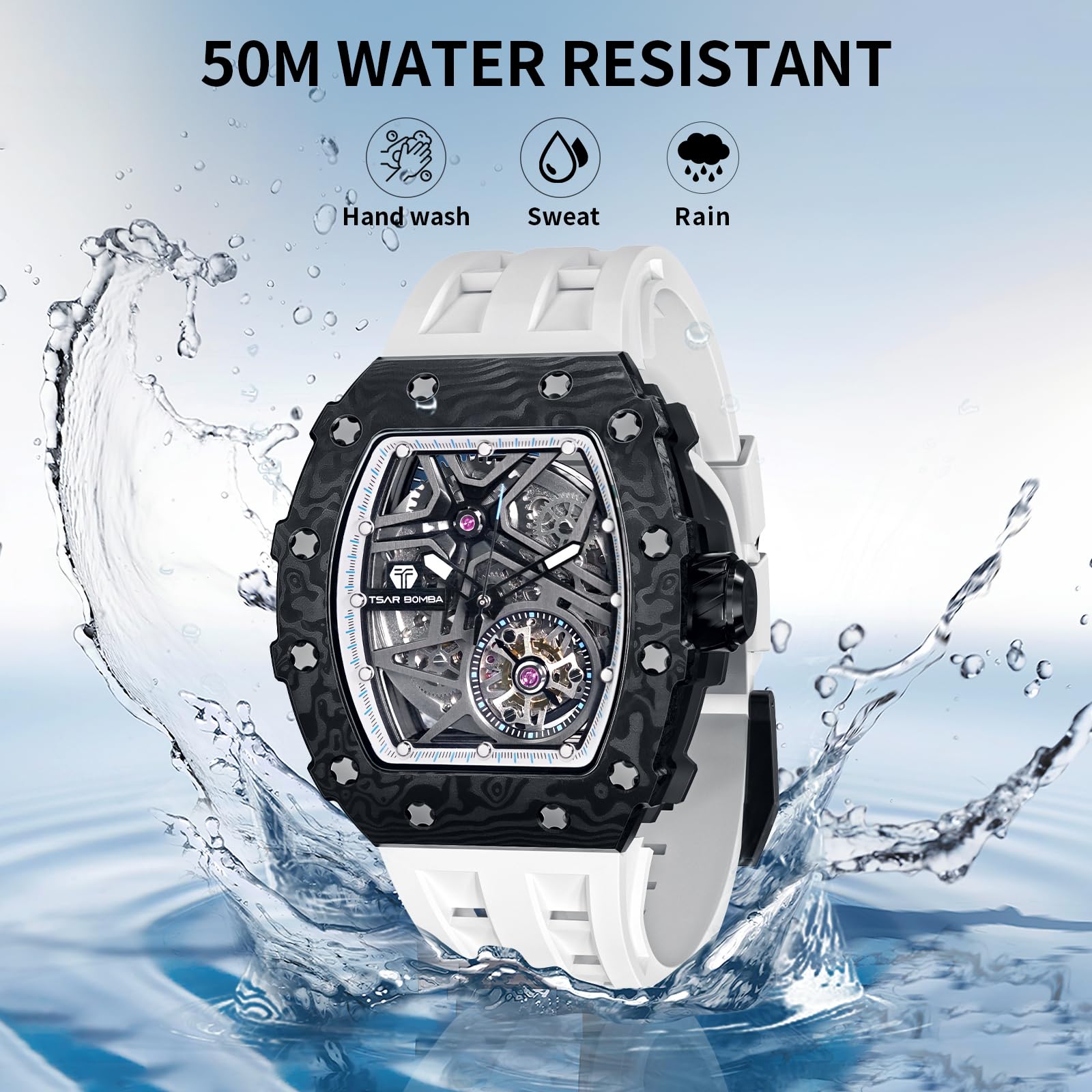 TSAR BOMBA Men's Luxury Automatic Skeleton Watch - Silver Square Big Face with Silicone Strap, 50M Waterproof Analog Wristwatch for Business, Casual & Formal Wear | Perfect Gift for Men