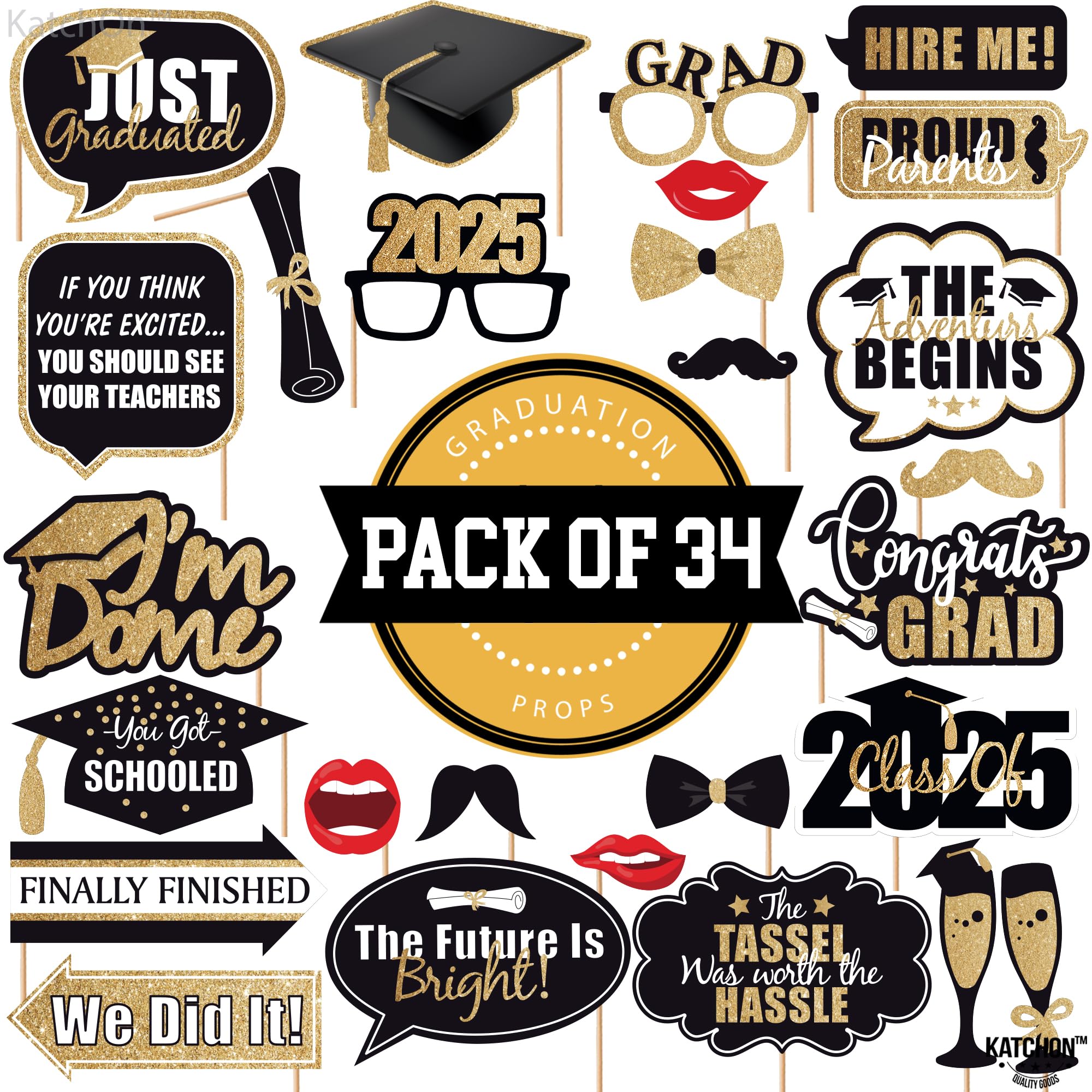 KatchOn 34-Piece Black & Gold Graduation Photo Booth Props Kit - Class of 2025 Decorations for Graduation Parties, Photo Backdrops & Cap Decor | Glitter Photo Booth Accessories for Graduation Celebrations