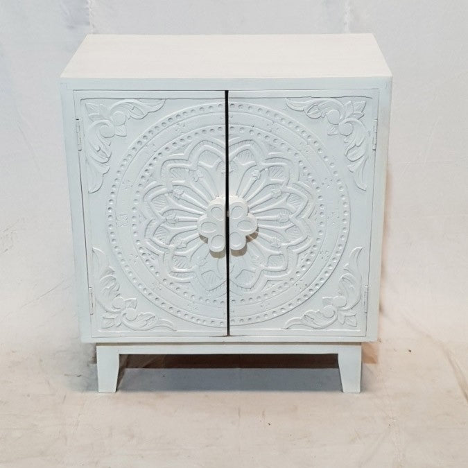 French Hand Carved Buffet Cabinet Sideboard - White Distressed Finish, 81x46x92cm - Vintage Dining Room Storage & Kitchen Buffet for Entertaining