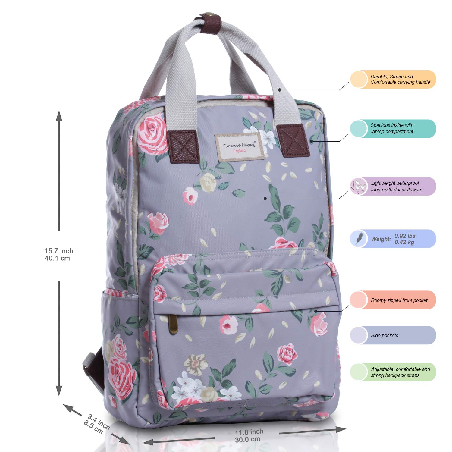 Florence Happy Waterproof Laptop Backpack for Women - 13 Inch & 12 Inch Computer Bag, Stylish Business Backpack for College, School & Travel - Perfect Gift for Students & Professionals (Ideal for Work, Commuting & Casual Hiking)