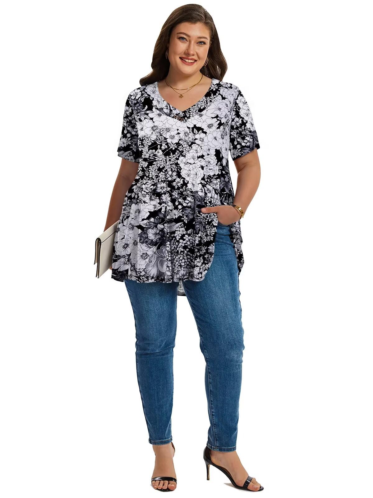 LARACE Plus Size Tunic Tops for Women - Short Sleeve V Neck Casual Blouse, Loose Fit Summer T-Shirt in Floral Black (Sizes M-5XL) | Perfect for Work, Travel & Everyday Wear
