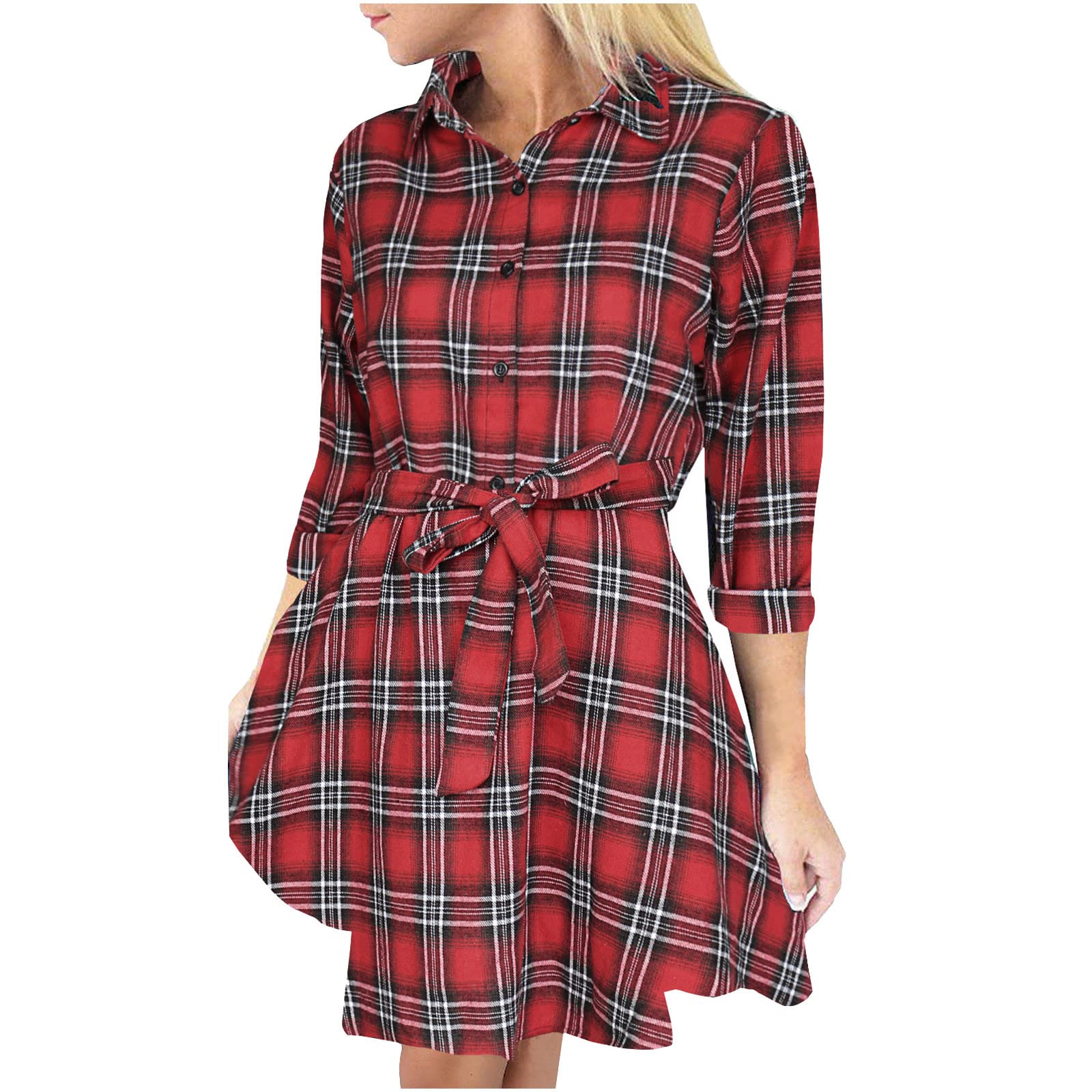 Women's Casual Lapel 3/4 Sleeve Plaid Tie Bowknot Midi Dress - Loose Fit Party Dress for Office, Cocktail & Spring Outings