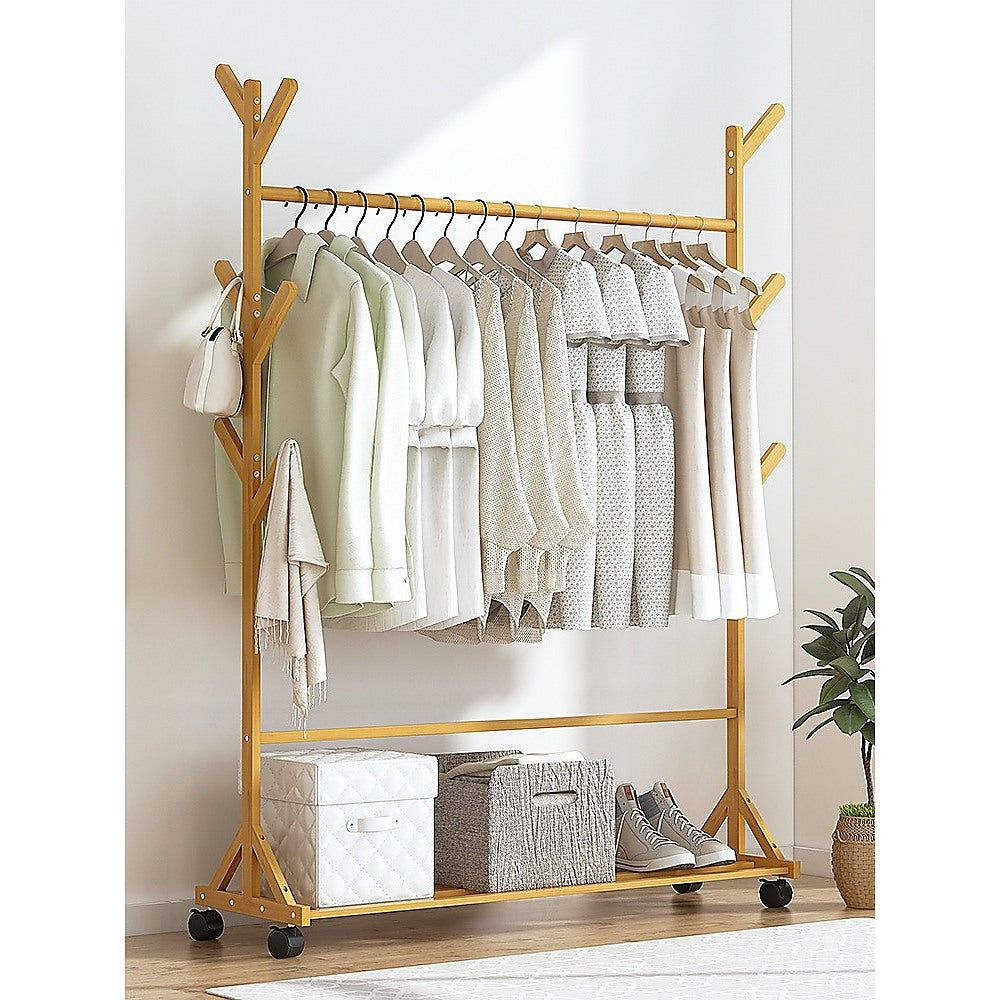 Portable Bamboo Clothes Rack - Adjustable Garment Stand with Wheels for Bedroom, Closet & Laundry Room | Space-Saving Clothing Organizer for Drying, Storage & Display