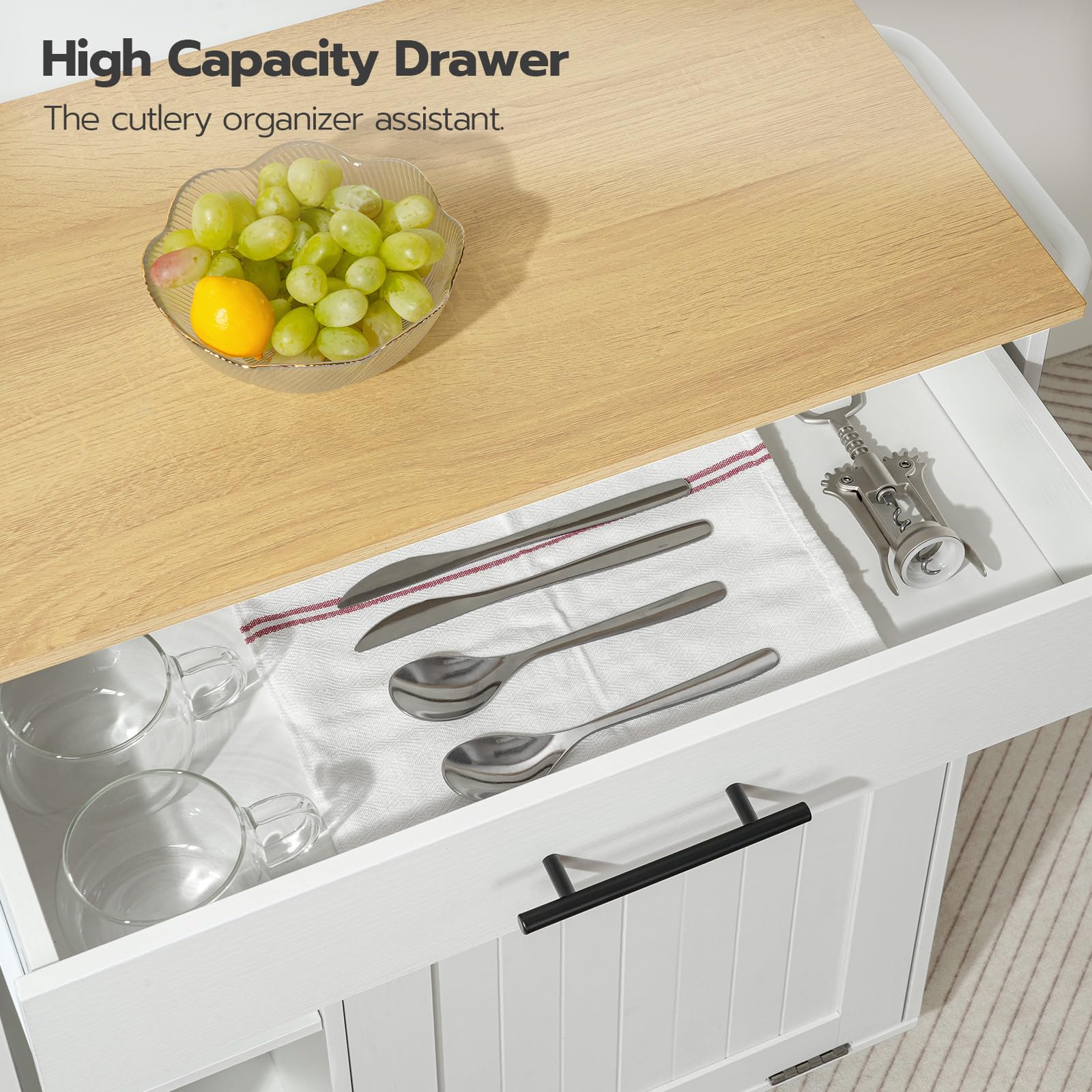 HOOBRO White and Natural Kitchen Island with Trash Can Storage, Rolling Mobile Kitchen Cart on Wheels with Power Outlet - Fits 10 Gallon Garbage Bin | Perfect for Small Kitchens, Apartments & Home Organization