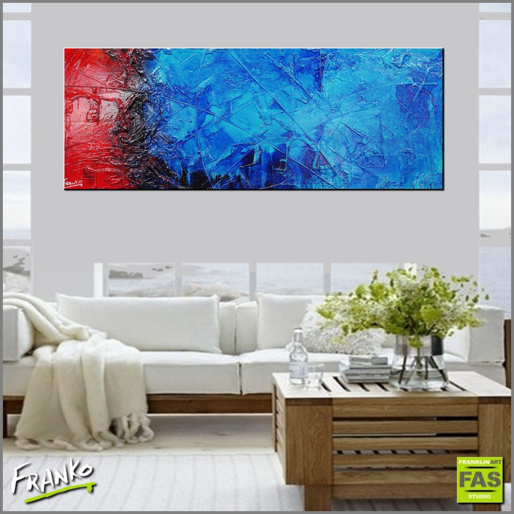 Red Oxygen 160cm x 60cm Blue Red Abstract Canvas Painting - Modern Wall Art for Living Room, Bedroom & Office Decor