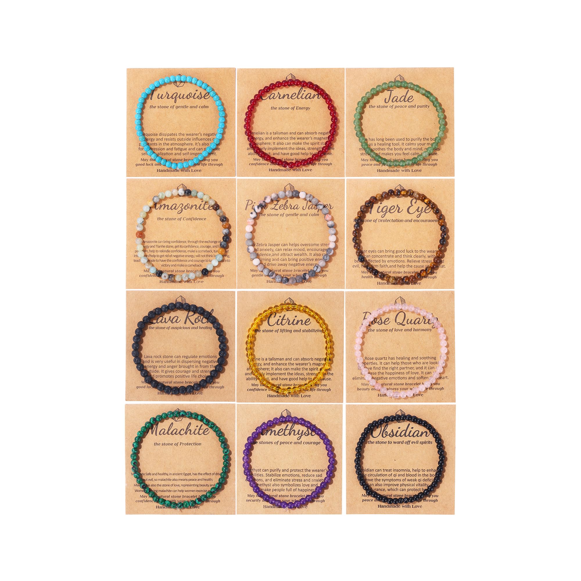 SONNYX 12PCS Natural Stone Bracelets for Women & Men - 4mm Crystal Beaded Stretch Bracelets with Semi-Precious Gemstones - Round Bead Yoga Meditation Jewelry for Spiritual Healing & Fashion Accessories