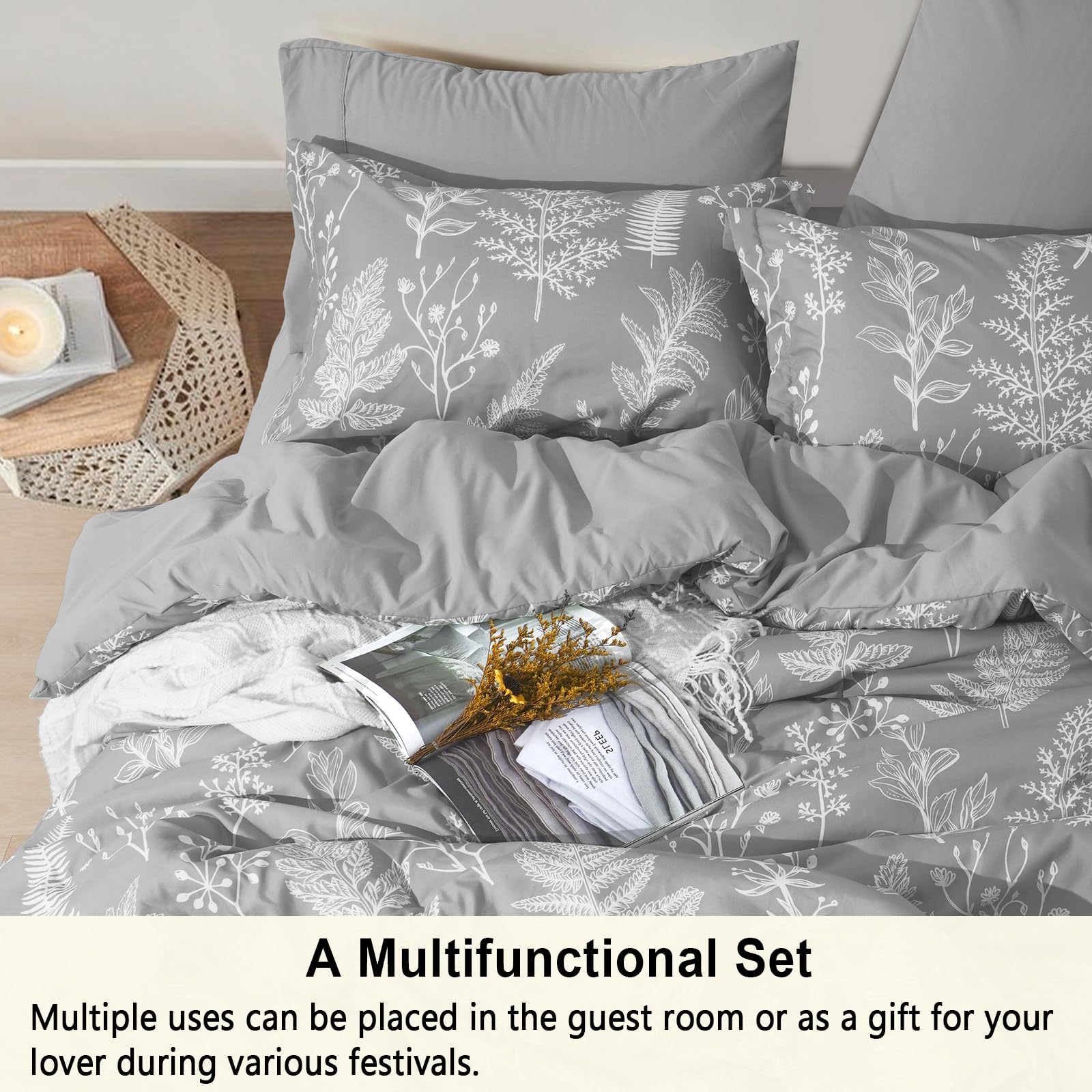 PHF 7-Piece King Comforter Set - Ultra Soft Reversible Botanical Bedding with Comforter, Pillow Shams & Sheets (Grey) | Complete Bed in a Bag for Luxurious Comfort | Perfect for Master Bedrooms, Guest Rooms & Cozy Home Decor