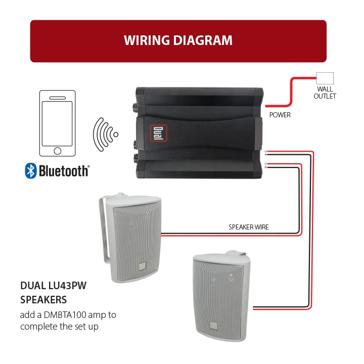 Dual Electronics LU43PW 4-Inch 3-Way High Performance Indoor/Outdoor Speakers with DBTMA100 Wireless Bluetooth Stereo Amplifier Bundle - Perfect for Patio, Backyard, and Home Theater Sound System