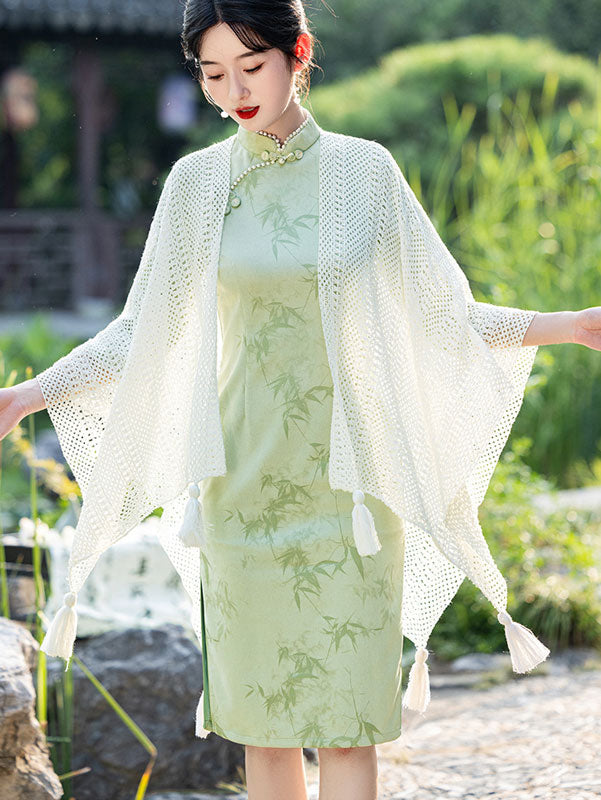 Elegant White Crochet Knit Cheongsam Wrap Shawl - Vintage Chinese Style Cover Up for Women - Perfect for Weddings, Parties, and Special Occasions