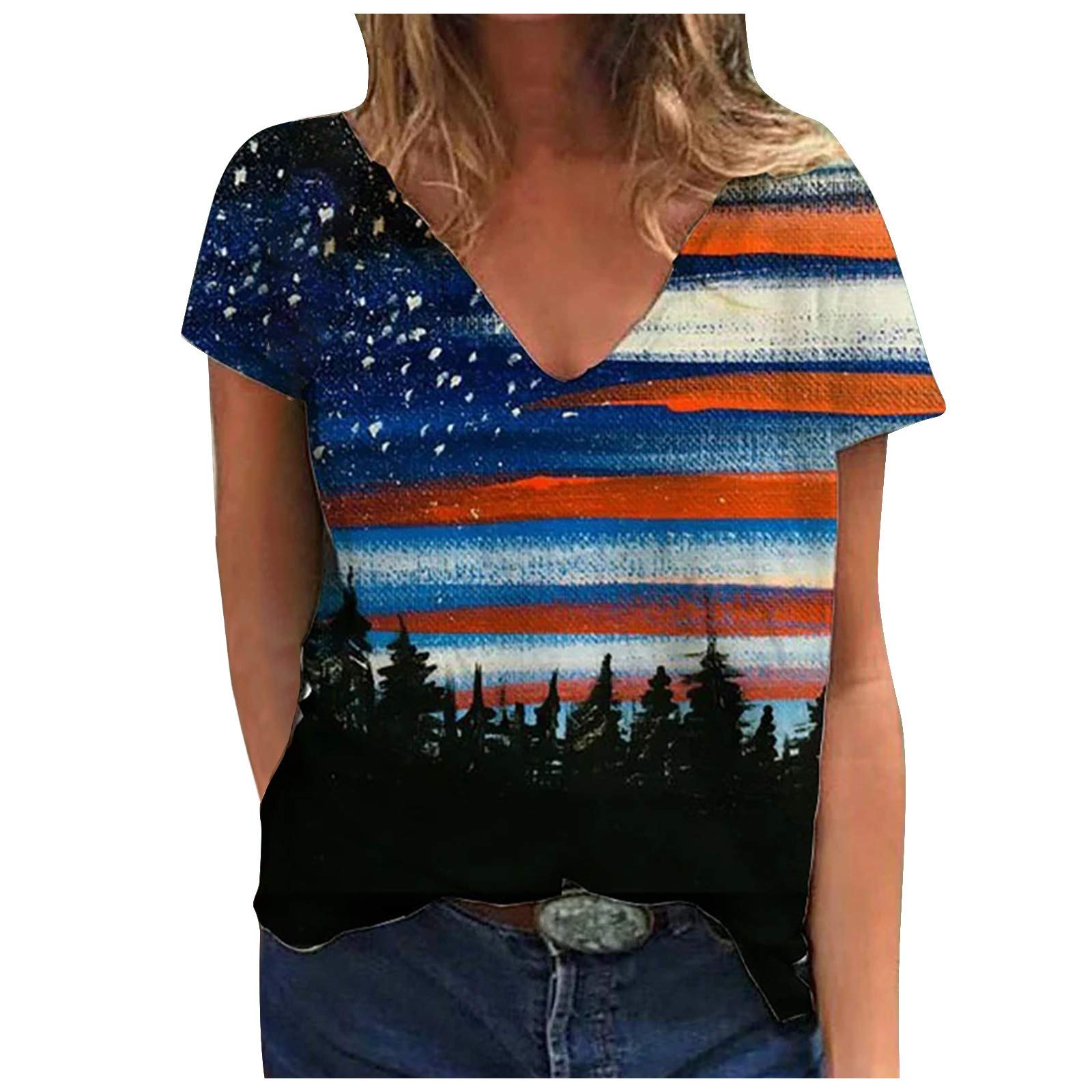 Women's Cute Printed V-Neck Short Sleeve T-Shirts - Summer Casual Loose Fit Graphic Blouse Tops for Everyday Wear & Outfits