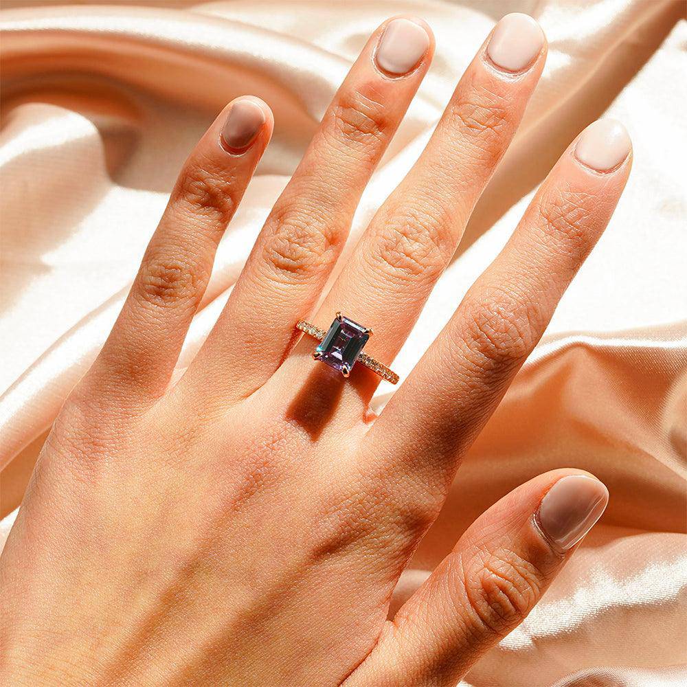 3 CT. Emerald Cut Alexandrite Engagement Ring With Moissanite Hidden Halo - Elegant Wedding Proposal Jewelry for Brides & Anniversaries
