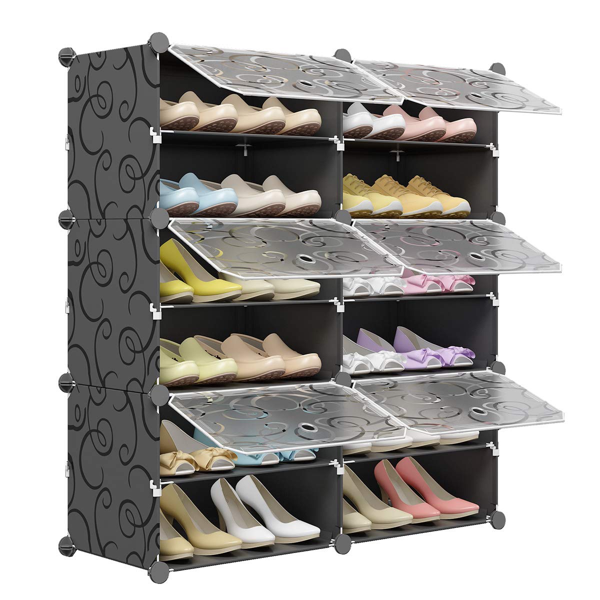 KOUSI 24 Pair Expandable Shoe Rack Organizer - 6 Tier Tower Shelf Storage Cabinet for Heels, Boots & Slippers (Black/Clear, 32