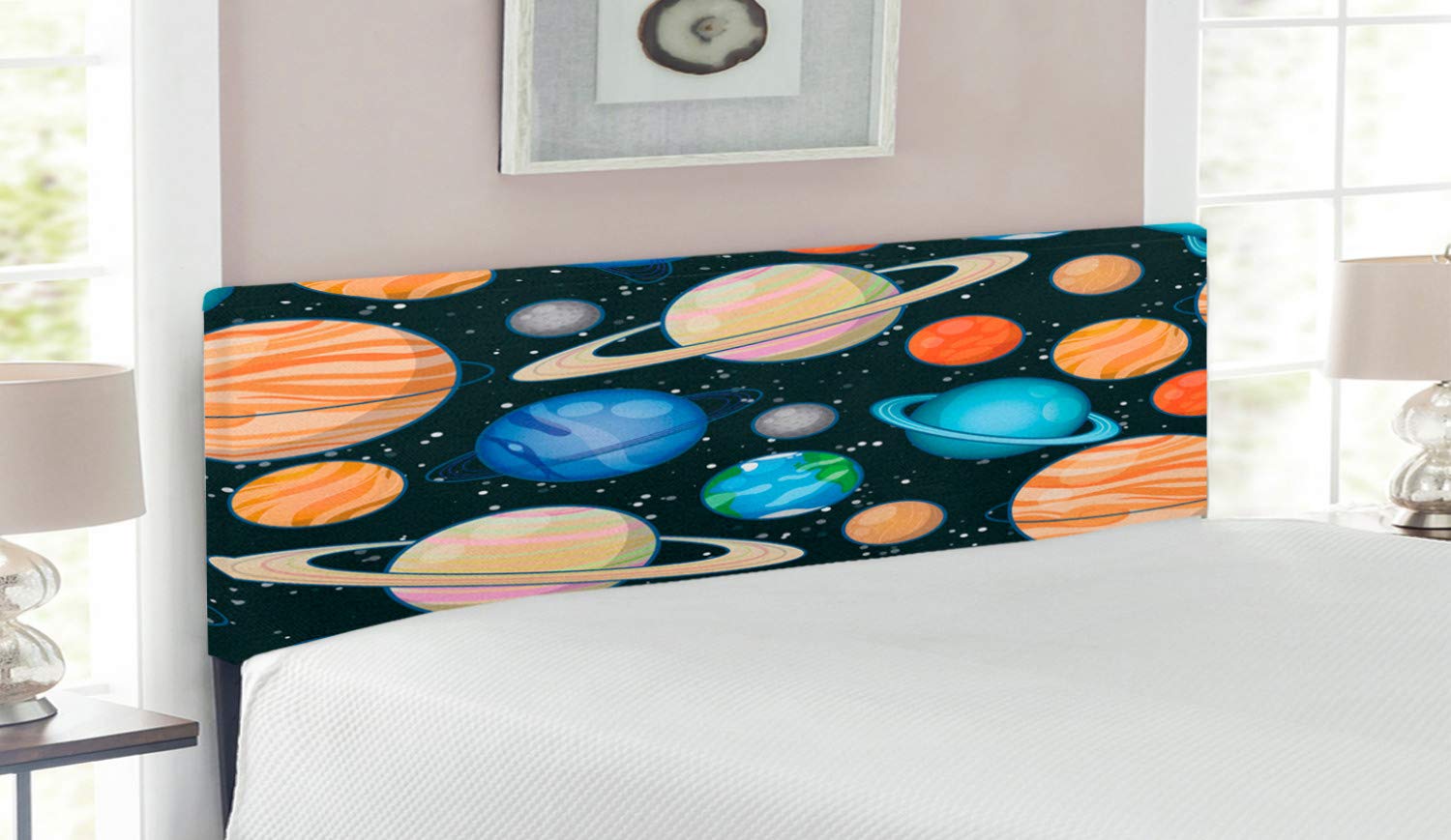 Ambesonne Galaxy Headboard - Queen Size Upholstered Space Themed Bed Headboard with Memory Foam | Solar System Planets Print (Mars, Mercury, Uranus, Jupiter, Venus) | Decorative Metal Frame for Bedroom | Perfect for Space Enthusiasts & Kids' Room Decor