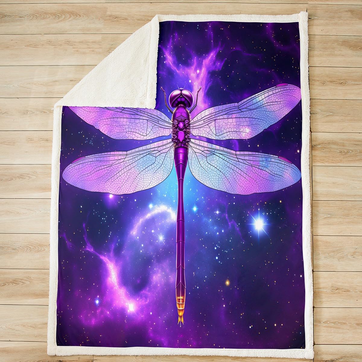 Feelyou Girls Dragonfly Fleece Blanket - Purple Blue Galaxy Plush Throw Blanket for Sofa, Couch, Bed - Soft Sherpa Blanket with Boho Starry Sky Design - Twin Size 60