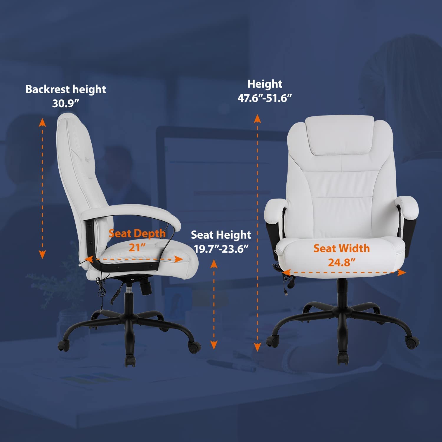 Big and Tall Office Chair 500 lbs Wide Seat - Ergonomic Computer Desk Chair with Lumbar Support, Adjustable Armrests & PU Leather Massage - Heavy Duty Swivel Task Chair for Home Office (White) - Perfect for Long Work Hours & Back Pain Relief