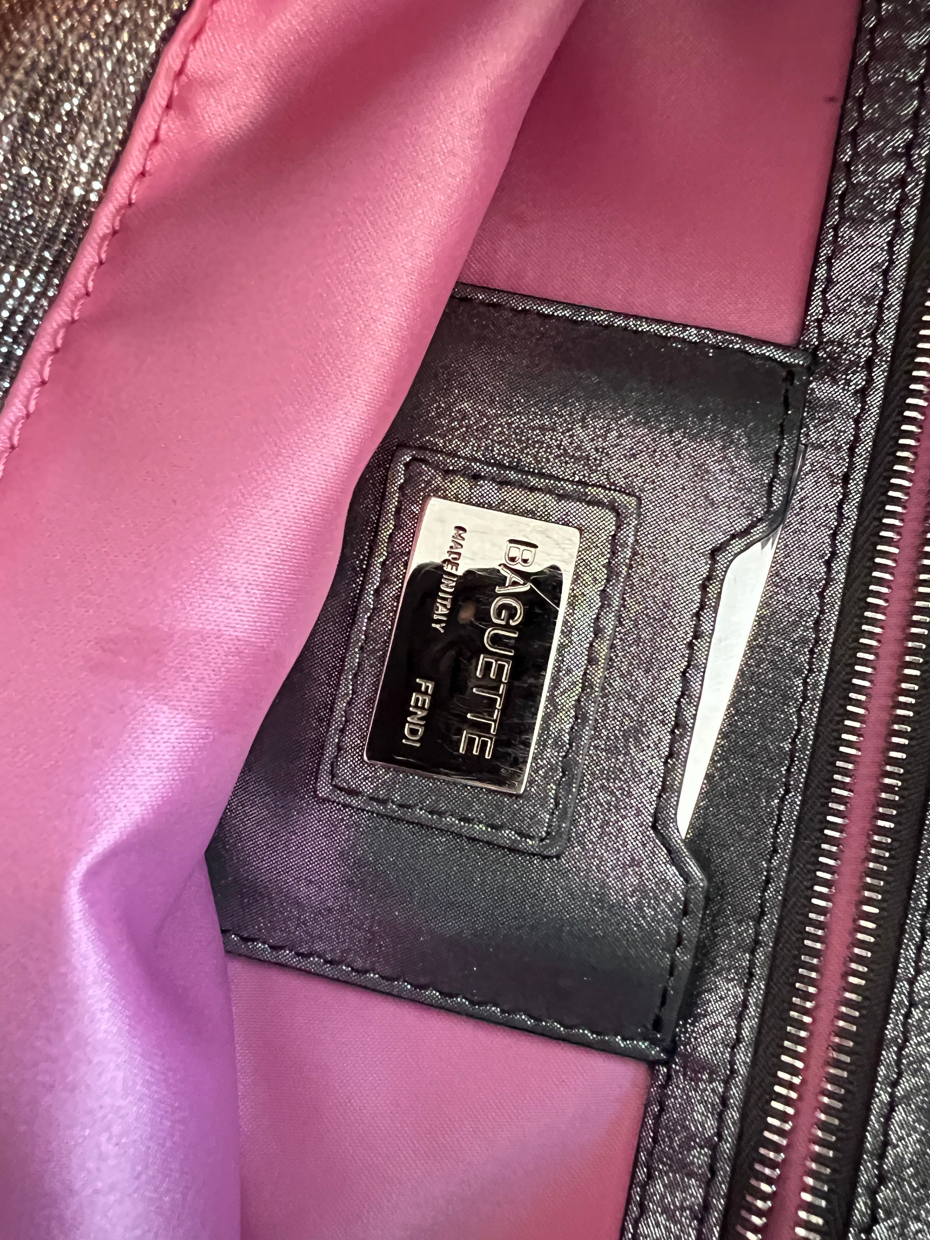 Fendi Silver Shimmering Zucca Baguette Bag - Luxury Designer Crossbody Purse for Women | Perfect for Evening Parties, Date Nights & Special Occasions