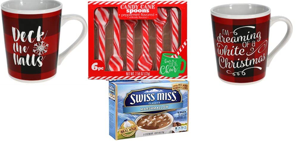2 Pack 14 Oz Heat Changing Christmas Mugs with Festive Designs - Includes Peppermint Stirring Spoons & 6 Swiss Miss Hot Cocoa Packets - Perfect for Holiday Gifts, Cozy Winter Nights & Family Gatherings