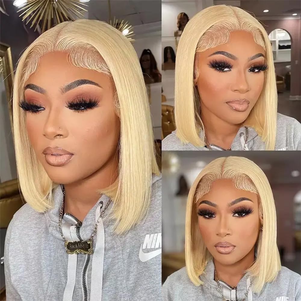 613 Blonde Bob Wig Human Hair 13x4 HD Lace Front Wig 200% Density - Pre Plucked with Baby Hair, Glueless Short Straight Bob Wigs for Women (12 Inch) - Perfect for Cosplay, Daily Wear & Special Occasions