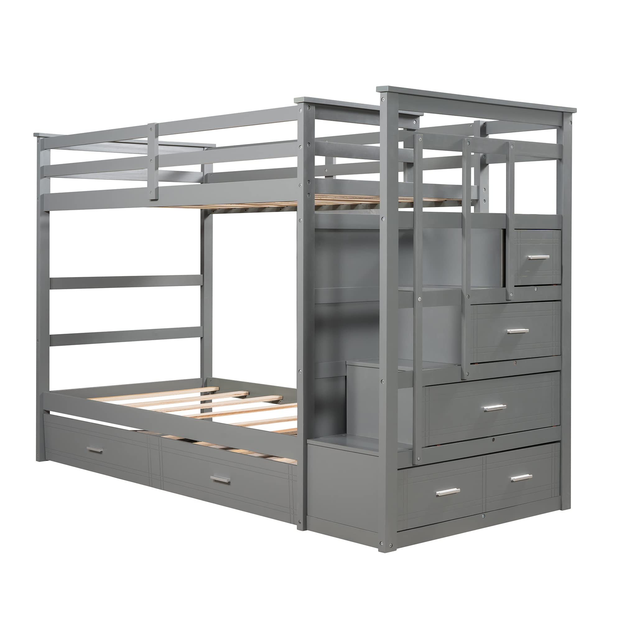 Twin Over Twin Trundle Bunk Bed with Staircase & Storage Drawers - Space-Saving Kids Bedroom Furniture for Small Rooms, Sleepovers & Guest Rooms (Gray)