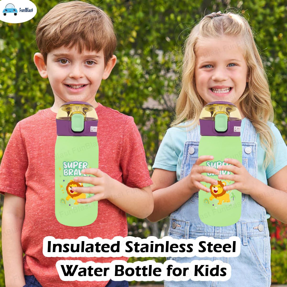 FunBlast Insulated Stainless Steel Water Bottle for Kids - 500ml Double Walled Vacuum Insulated SS-304 Water Bottle with Cartoon Design | Keeps Drinks Hot & Cold for 12+ Hours | Perfect for School, Sports, Travel & Outdoor Activities