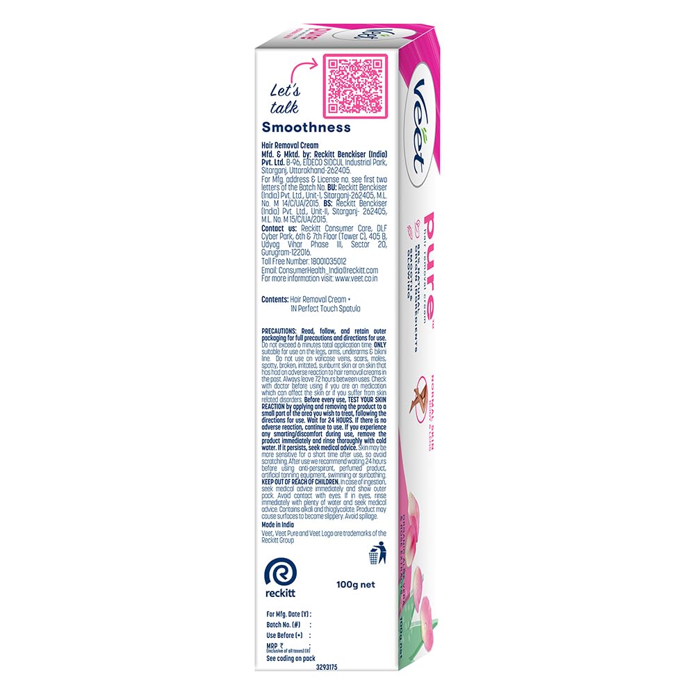 Veet Pure Hair Removal Cream for Women - 100g | Gentle Formula for Normal Skin | Safe for Legs, Underarms, Bikini Line & Arms | Painless At-Home Hair Removal Solution | Perfect for Beach Prep & Smooth Summer Skin