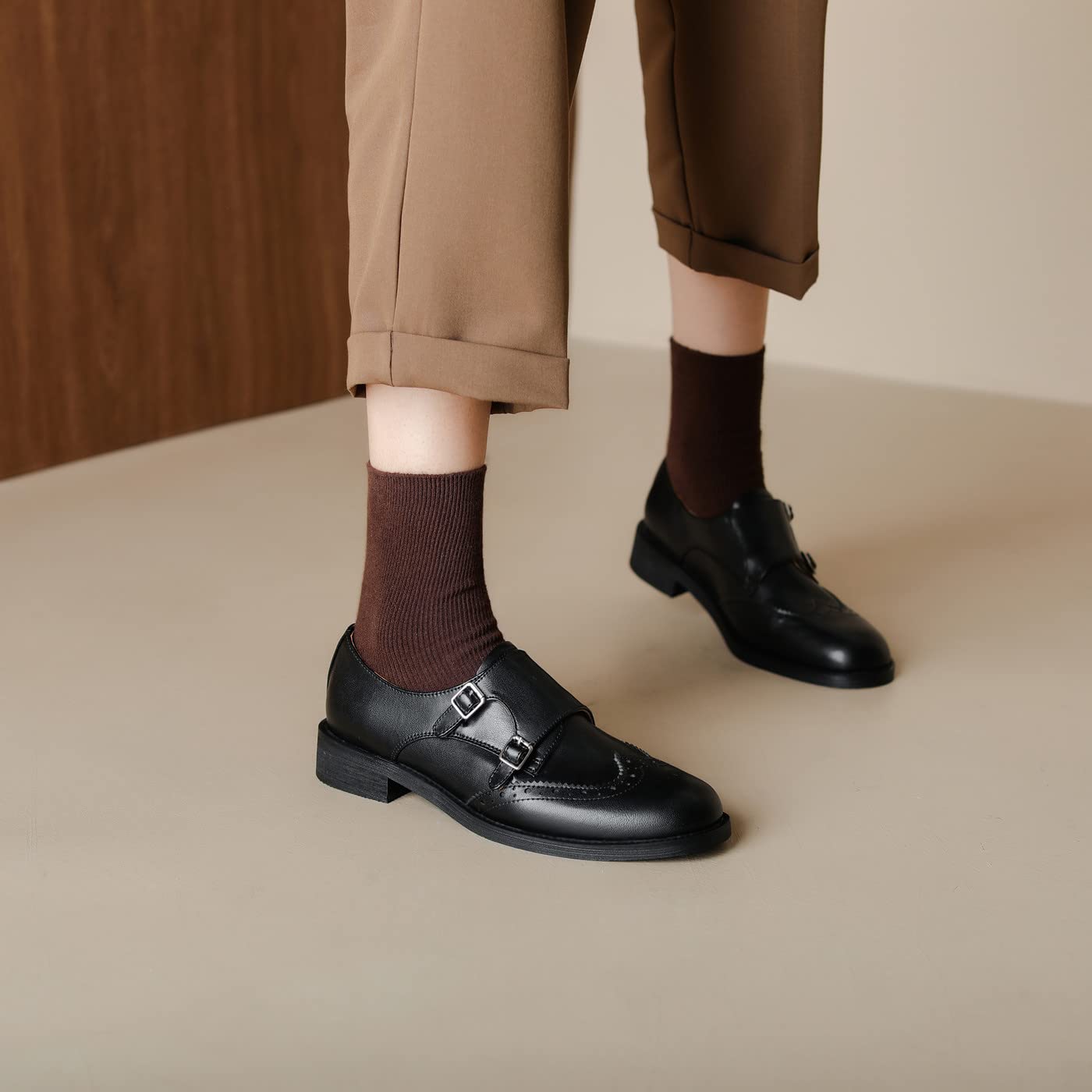 U-lite Women's Monk Strap Dress Shoes - Genuine Sheepskin Leather, Perforated Oxfords with Fashion Buckle - Perfect for Office, Wedding & Formal Occasions