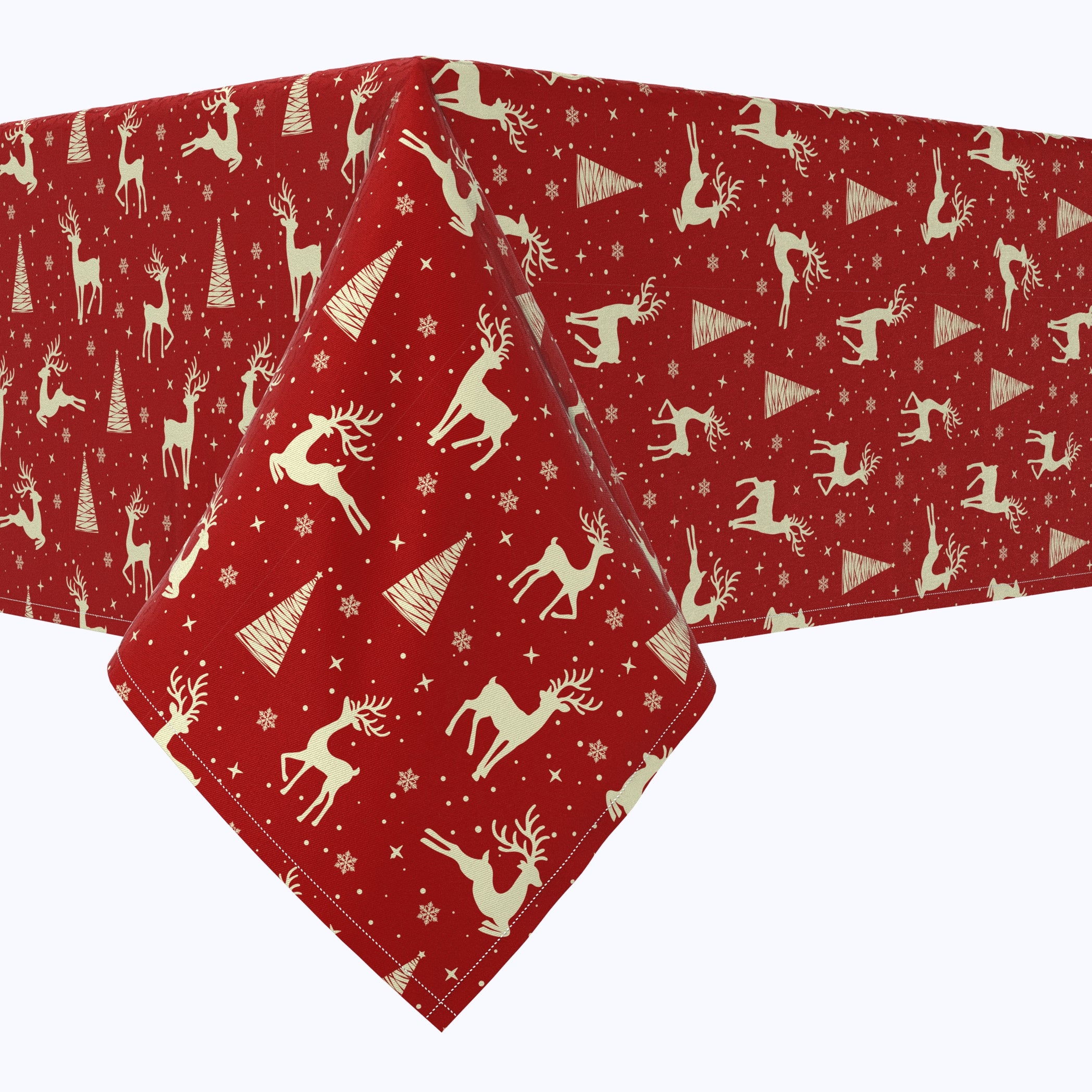 Golden Reindeer & Christmas Trees Cotton Table Runners - Holiday Dining Decor for Christmas Party, Home, and Festive Gatherings