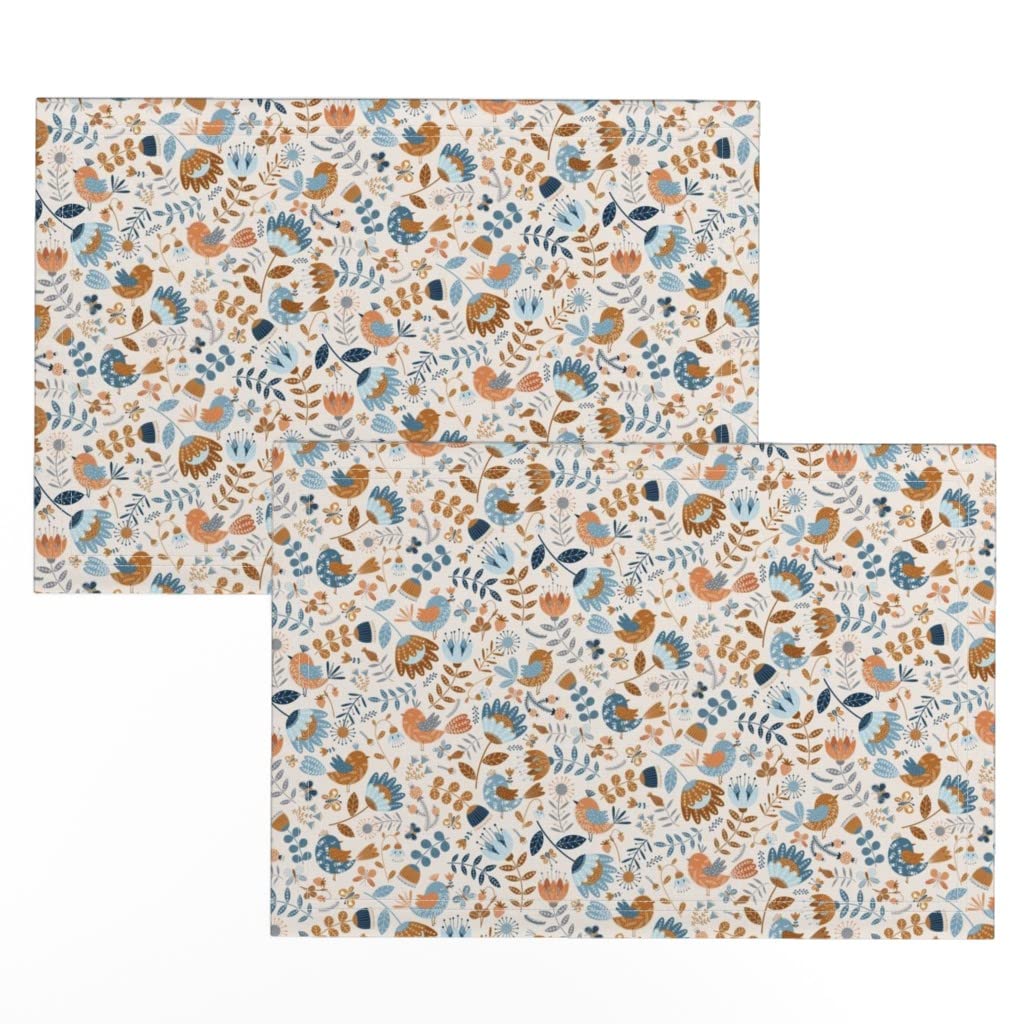 Scandi Folk Floral Placemats Set of 2 - Linen Cotton Canvas Table Mats with Blue Tan Bird & Butterfly Print - Perfect for Boho Dining, Farmhouse Decor & Spring Tablescapes