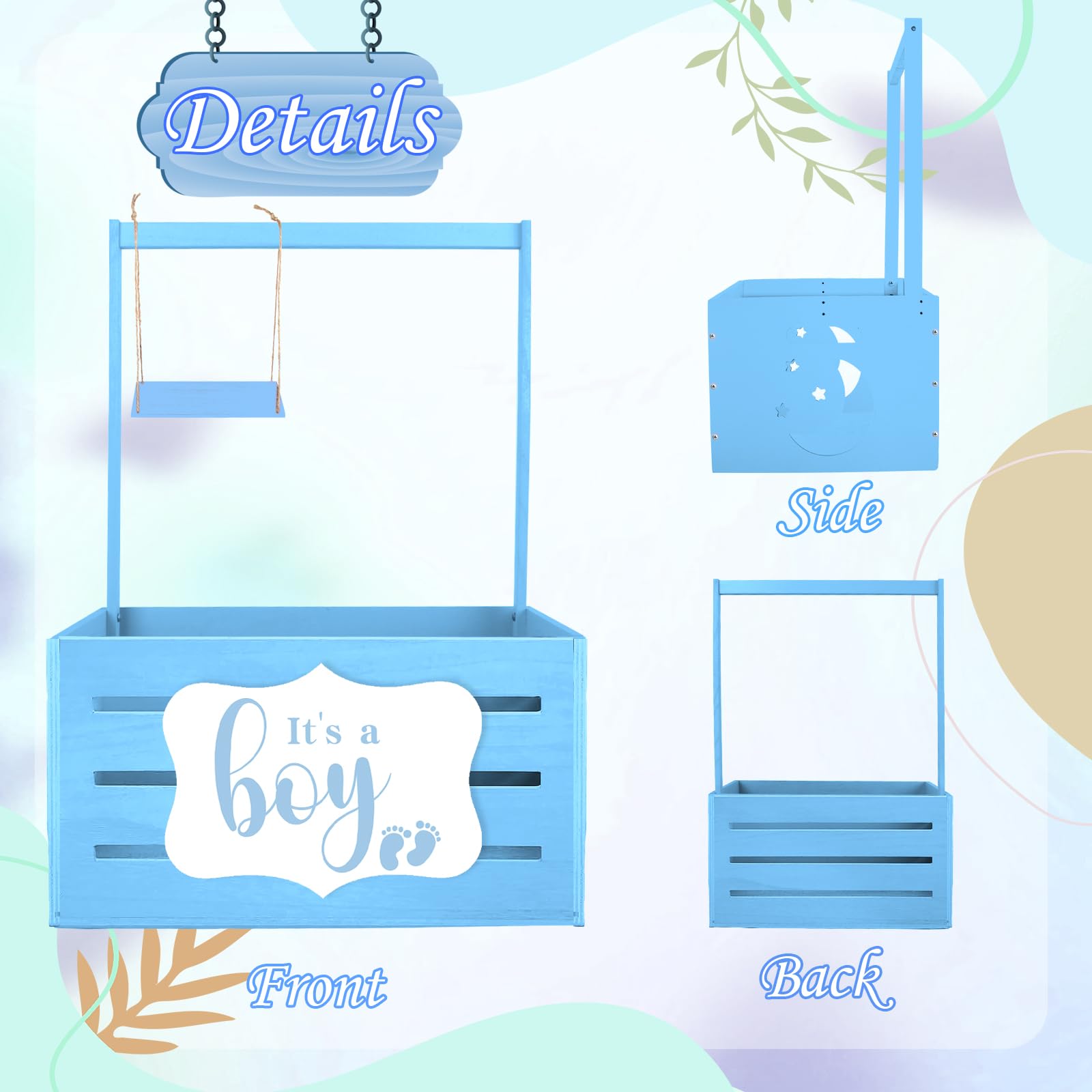 Tkifoda Wooden Baby Shower Gift Crate - Blue Storage Hamper with Handle & Clothes Hanger | Baby Shower Decor, Newborn Gift Basket for Girls | Perfect for Nursery Organization & Baby Shower Party Decorations